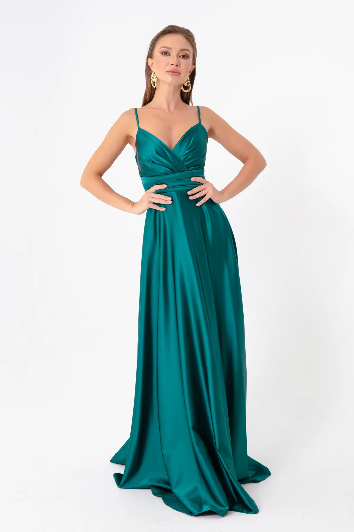 Lafaba  Smaragdgrünes langes Abendkleid und Abschlusskleid aus Satin mit Seilriemen und Taillengürtel für Damen