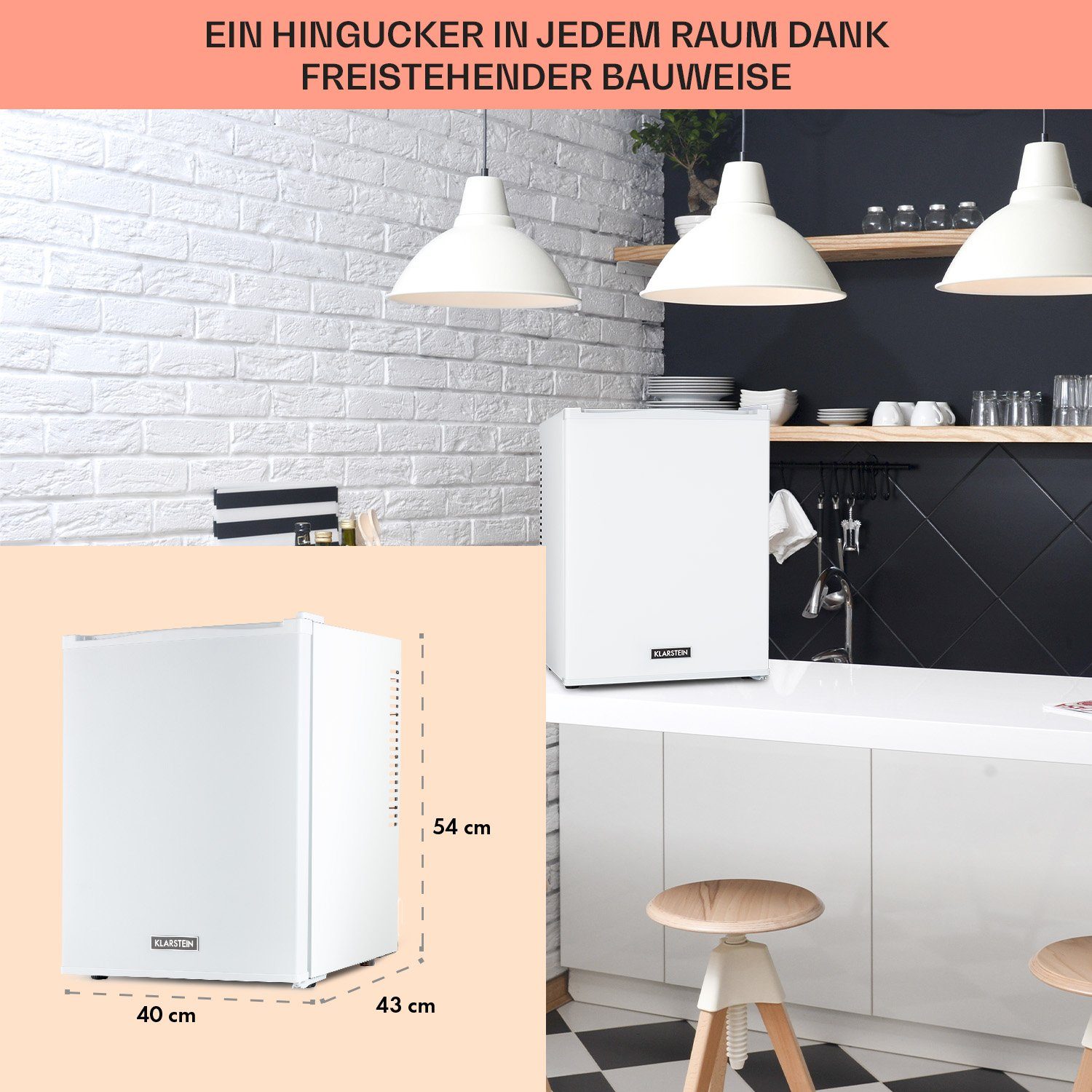 Klarstein Table Top Kühlschrank HEA-HappyHour-32Wht 10035243A, 54 cm hoch, 40 cm breit, Hausbar Minikühlschrank ohne Gefrierfach Getränkekühlschrank klein