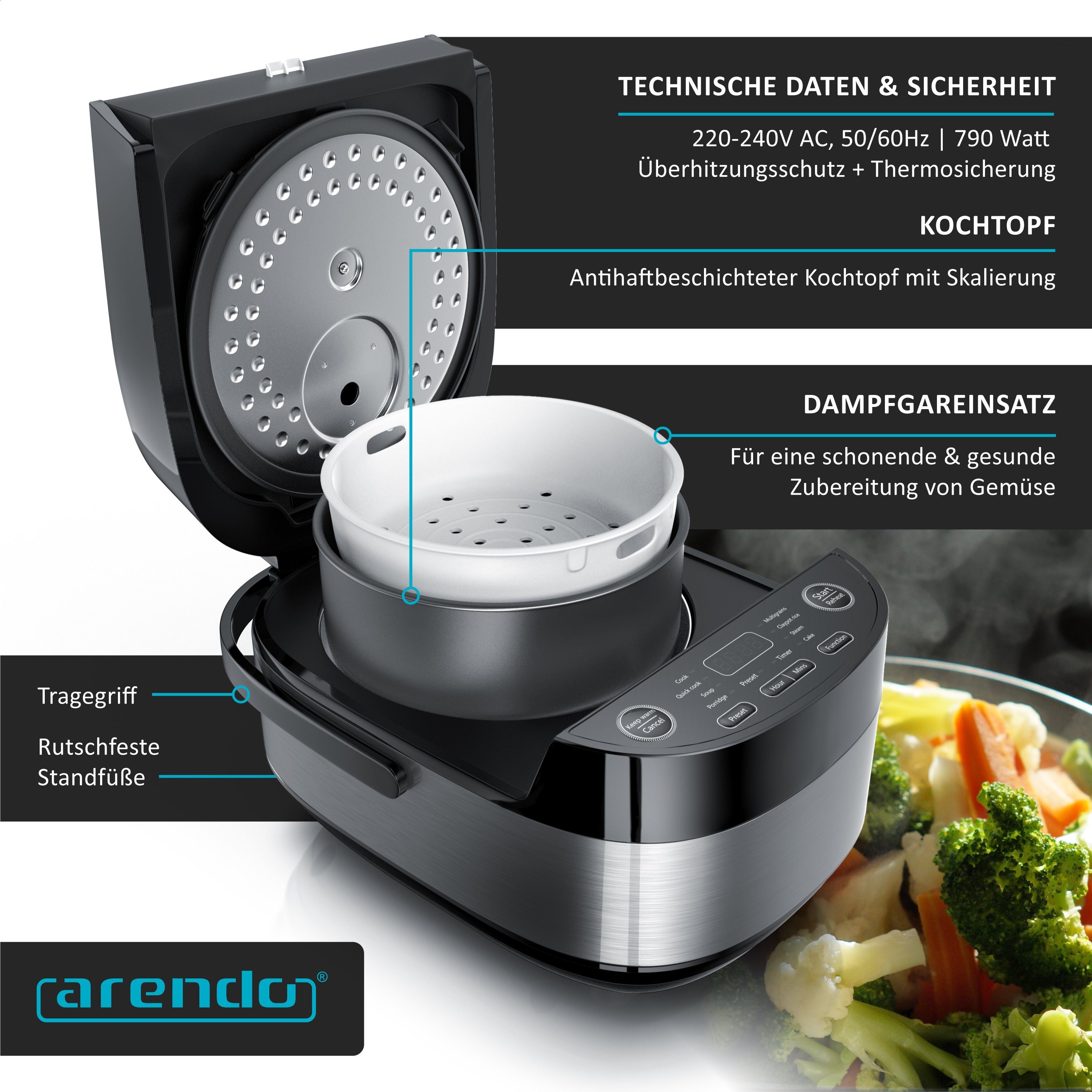 Arendo Reiskocher, 800 W, Multikocher, Dampfgarer, 3D Heizsystem, 8 Programme, Warmhaltefunktion