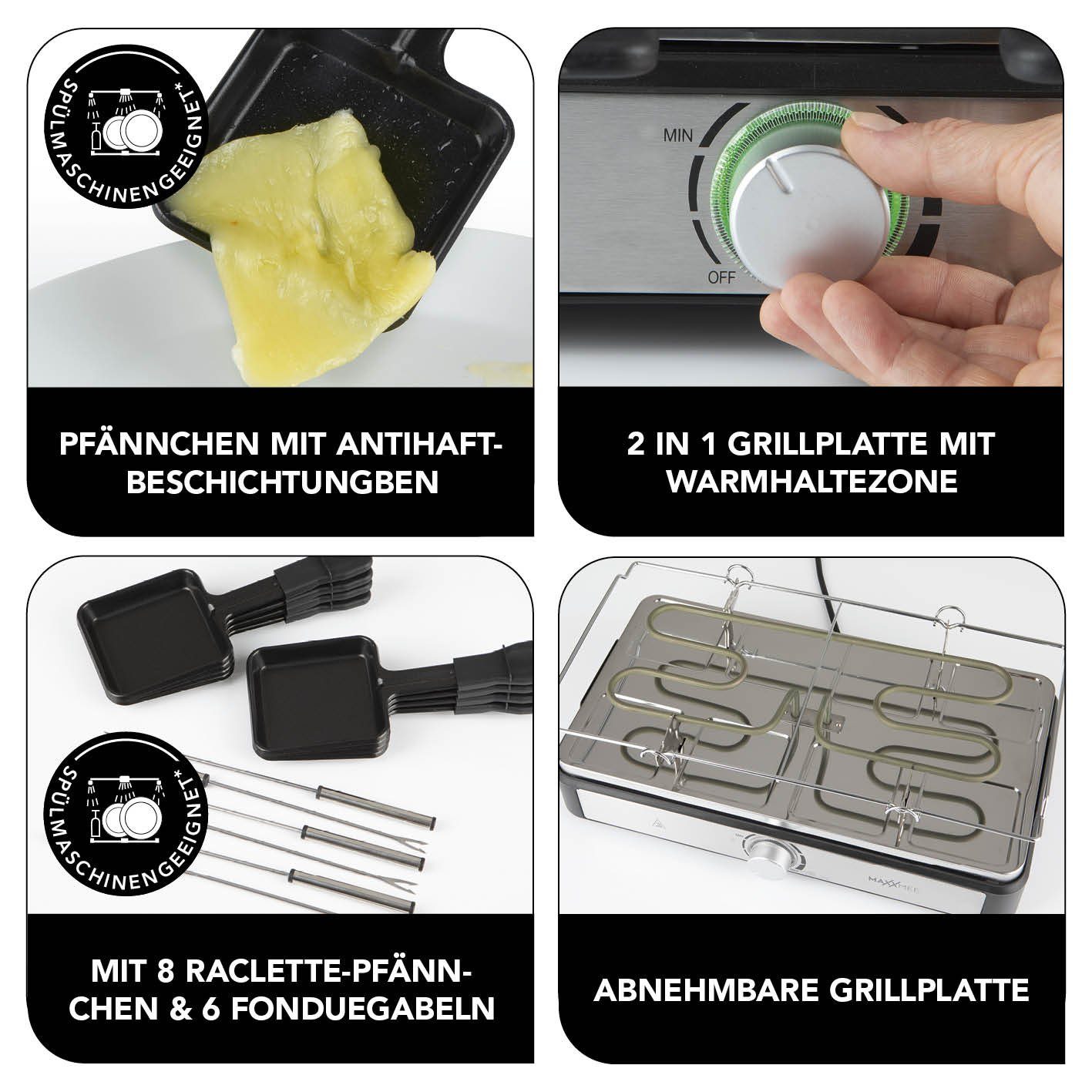 MAXXMEE Raclette und Fondue-Set Antihaft Platte 6 Gabeln & 8 Pfännchen fettarm 44x27cm