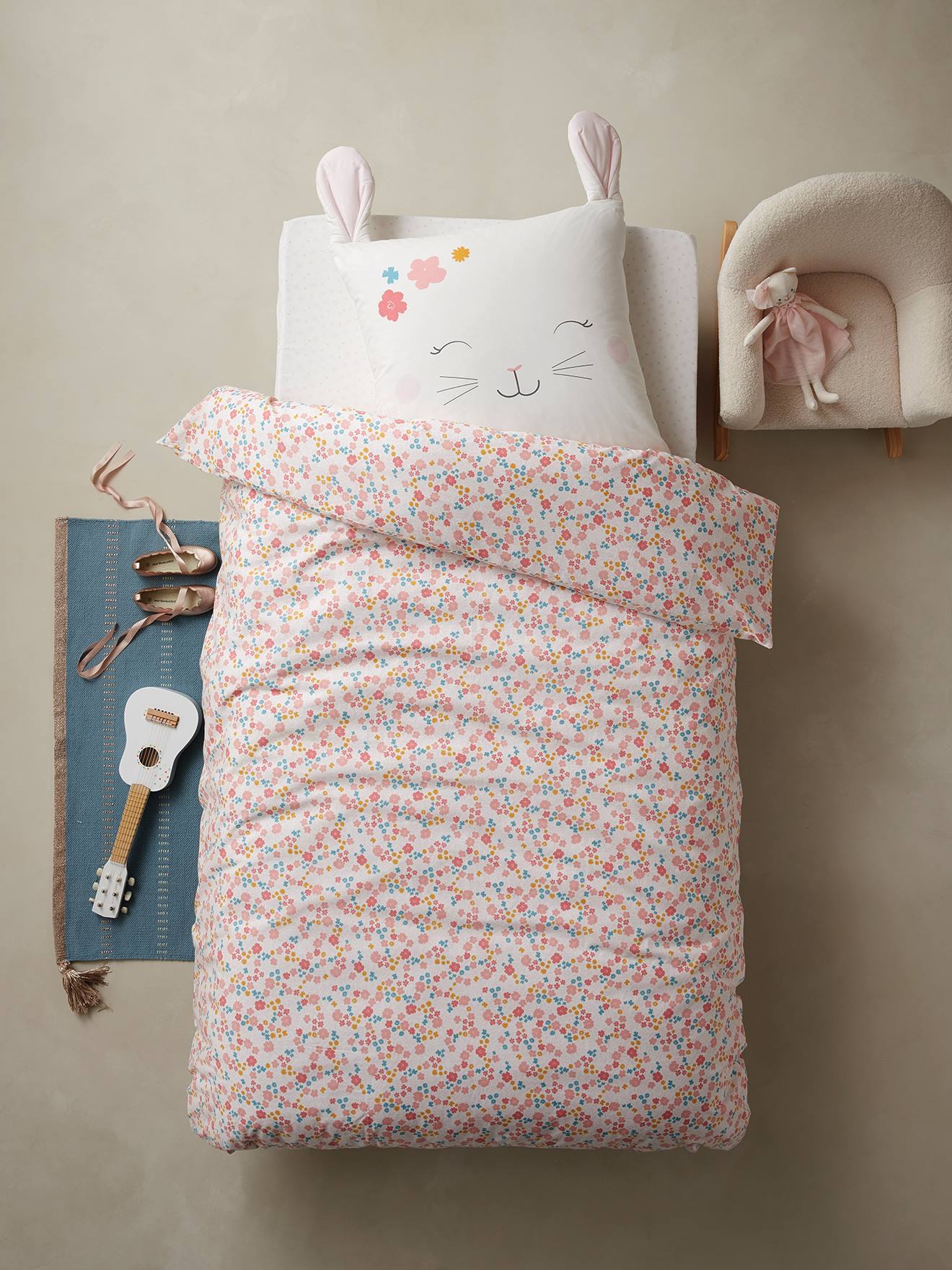 Vertbaudet Kinder Spannbettlaken BLUMENHASE Oeko-Tex - wollweiß/rosa