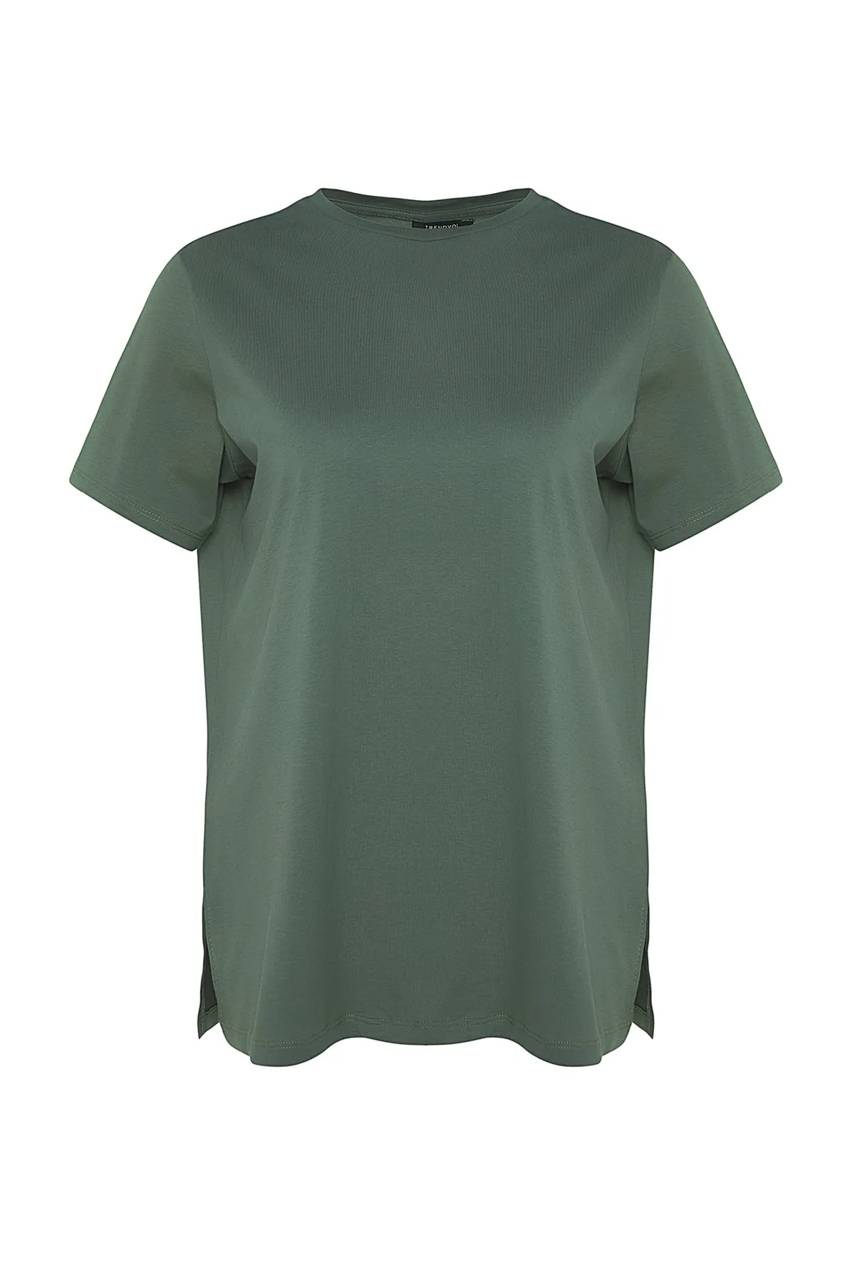 Trendyol Curve  Dunkles Mintgrünes Boyfriend-Strick-T-Shirt mit Rundhalsausschnitt und Schlitz TBBSS22BF0031