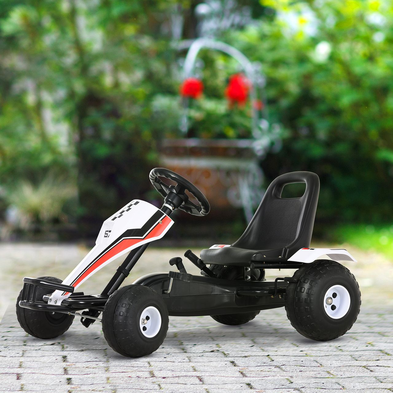 HOMCOM Go Kart Kinderfahrzeug Tretauto mit Pedal für 3-8 Jahre Stahl Weiß