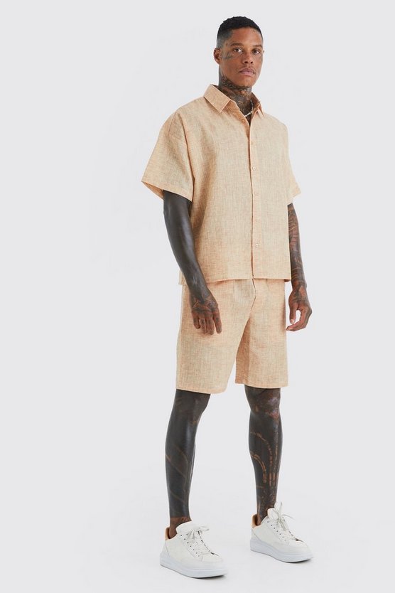 Kurzärmliges kastiges Hemd & Shorts in Leinenoptik