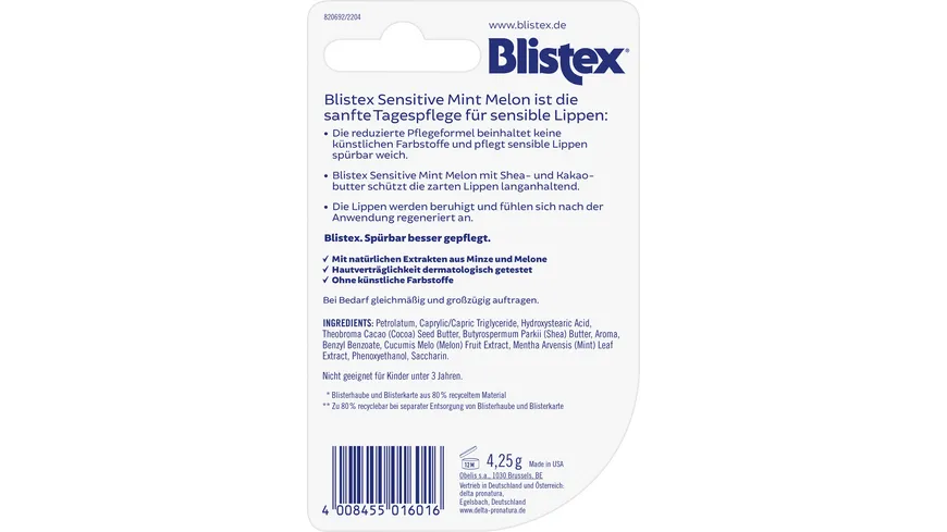 Blistex Lippenpflege Sensitive Mint Melon Pure Care 4.3 g