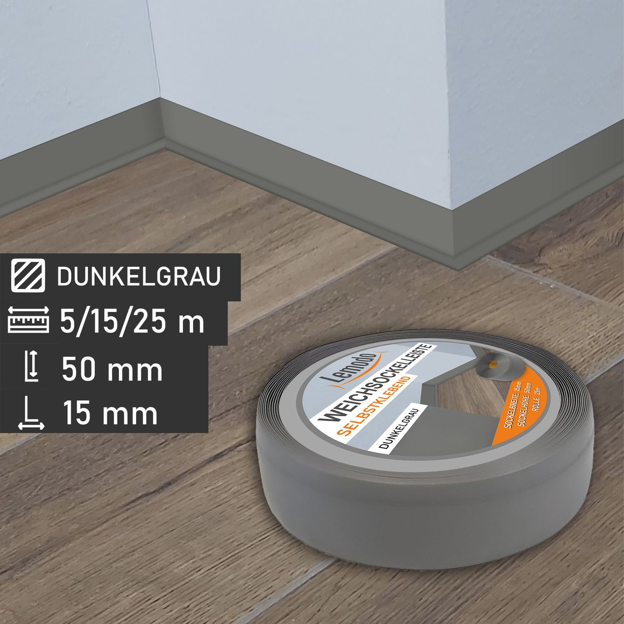 Lemodo Weichsockelleiste dunkelgrau, 25m Rolle