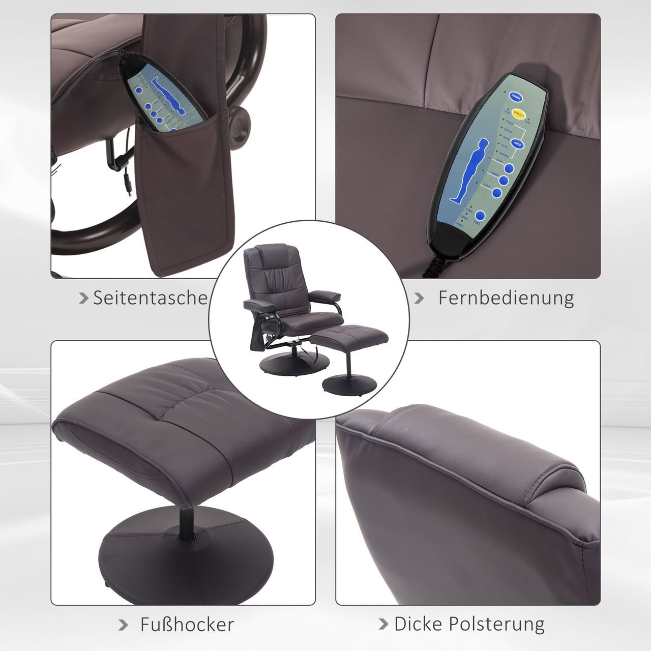 HOMCOM Massagesessel mit Hocker, Relaxsessel mit Liegefunktion, Massagefunktion