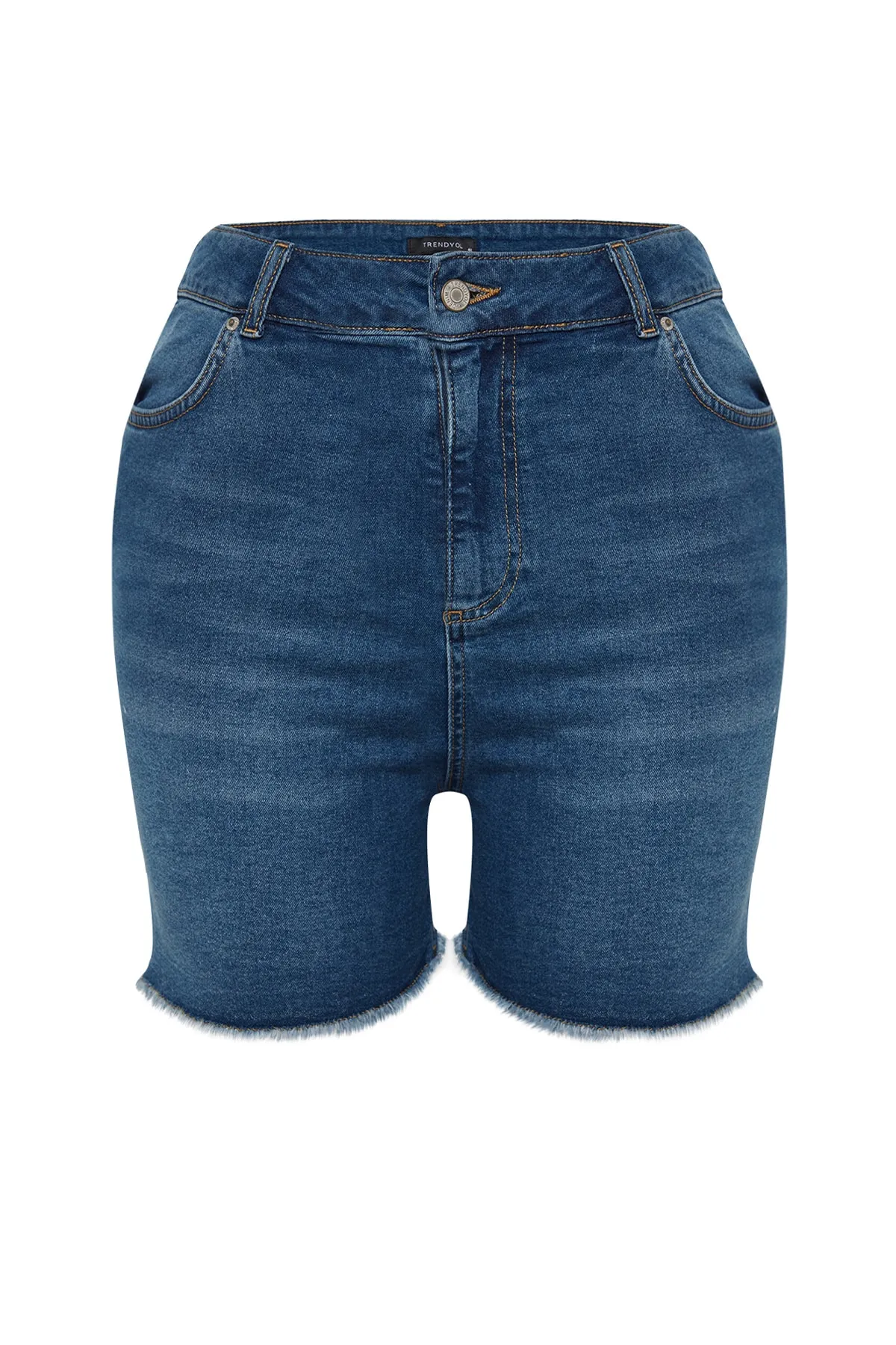 Trendyol Curve  Blaue, dehnbare Skinny-Jeansshorts mit hoher Taille und Bermuda TBBSS22AP0007
