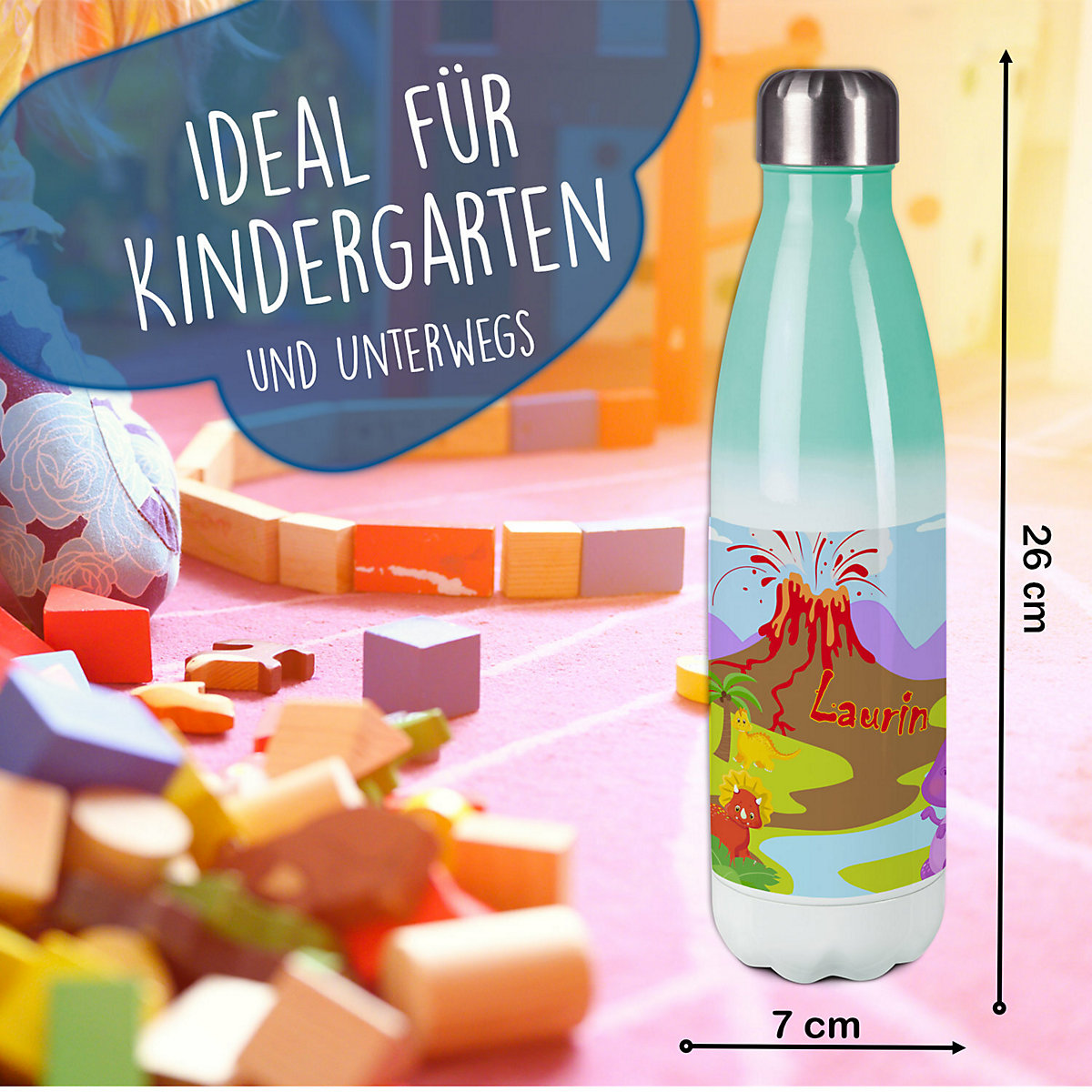Edelstahl Kinder Thermoflasche / Trinkflasche bunt Dino Spülmaschinenfest, Auslaufsicher, Bruchfest, Doppelwandig, Für Heißgetränke geeignet, Mit Deckel, Isoliert