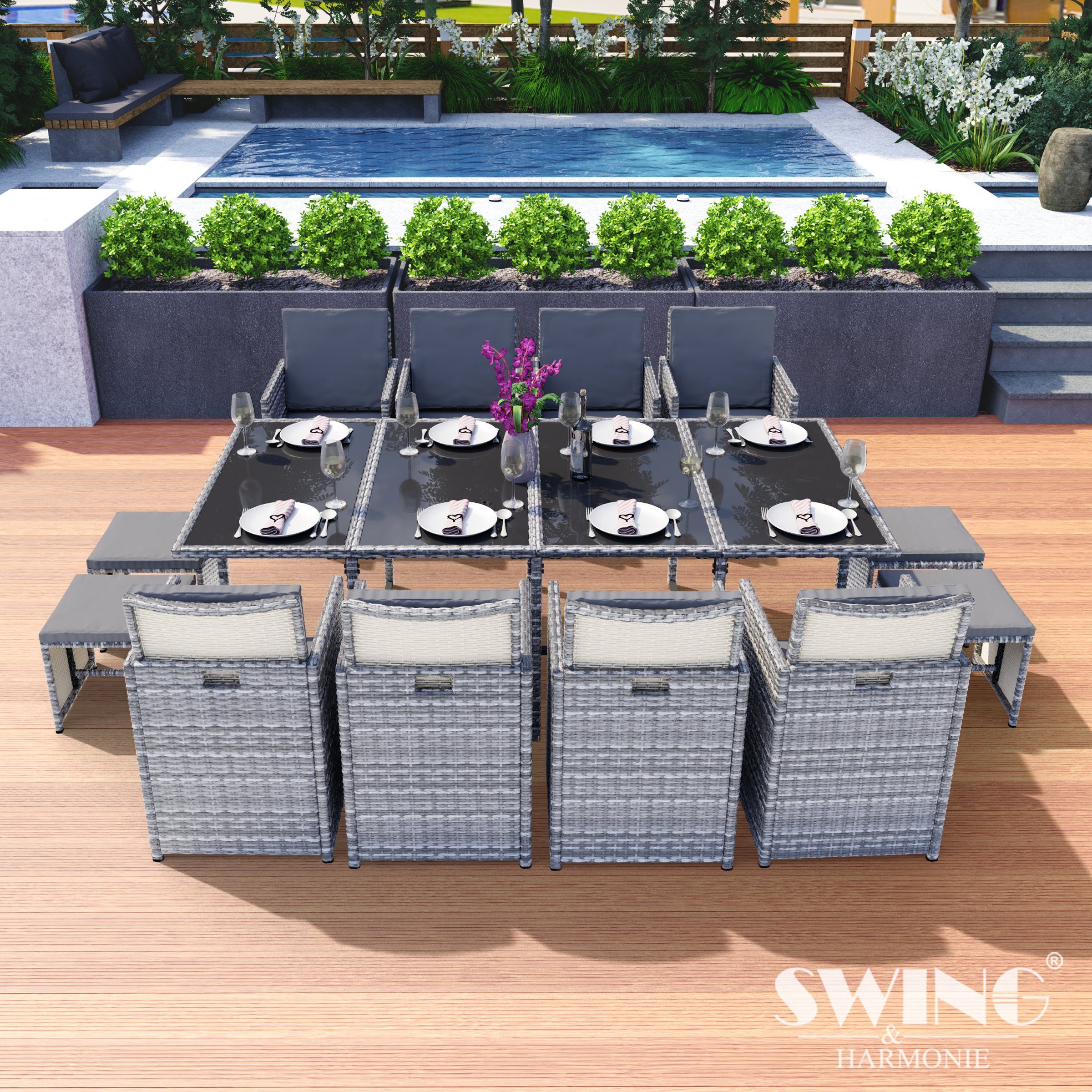 Swing&Harmonie Garten-Essgruppe Poly Rattan Sitzgruppe Esstisch Lounge Gartenmöbel Sitzgarnitur Tisch, Stühle, Hocker Garnitur Set