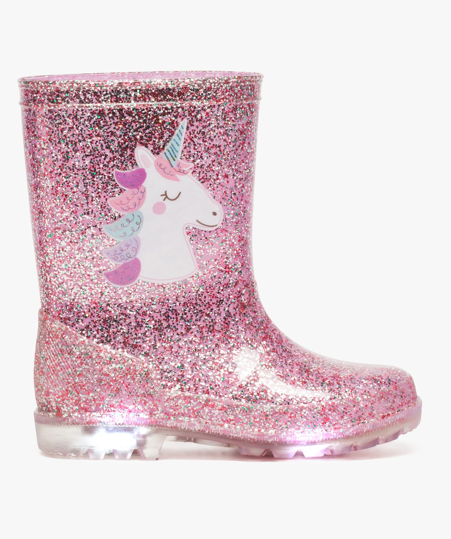 Bottes de pluie fille pailletées à semelle lumineuse rose | GEMO
