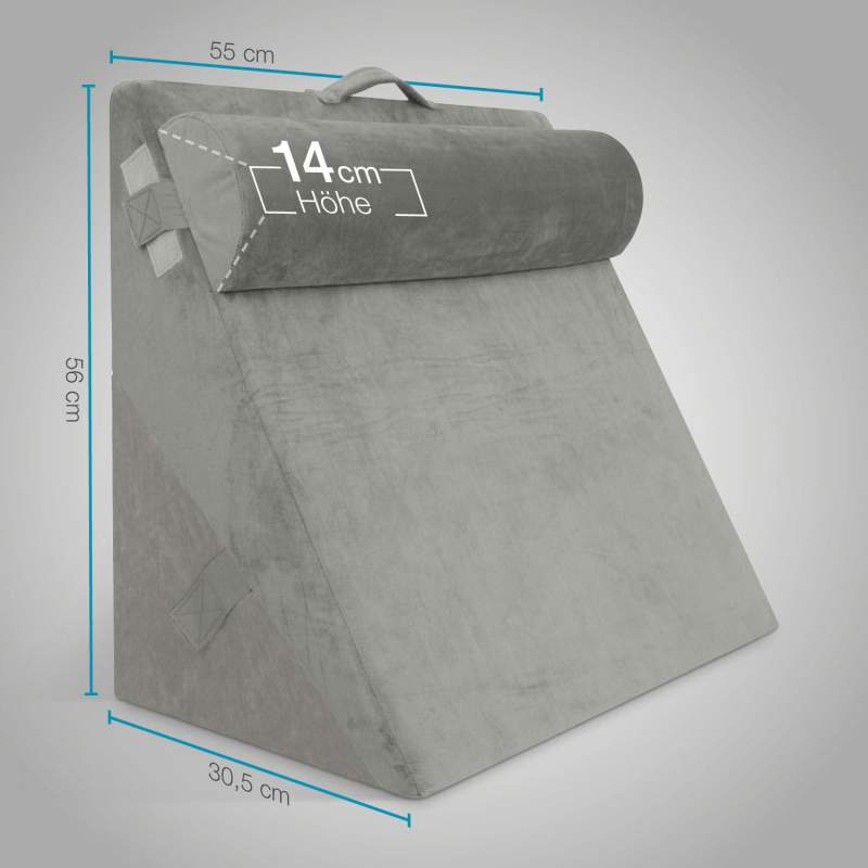 Aktivshop Multifunktions-Keilkissen Rückenkissen Kniestütze Beinablage Venenkissen für Couch und Sofa, Lesekissen, Größe B55 x H56 x L30,5 cm, grau (mit Nackenrolle)