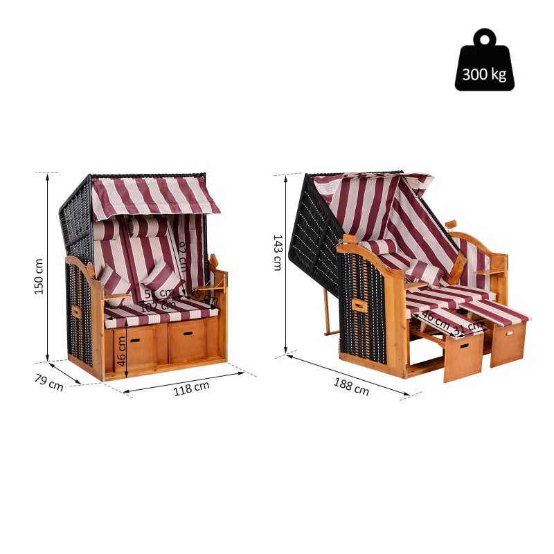 PureHaven Strandkorb 118x79x150 cm für 2 Personen inkl. Rücken- und Sitzkissen verstellbare Rückenlehne Klapptische und Fußstützen rose