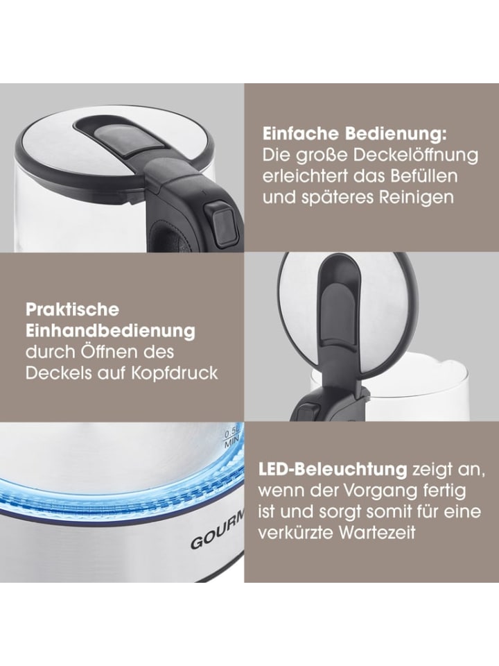 Gourmetmaxx GOURMETmaxx Glas-Wasserkocher LED 1,7l 2200W Edelstahl/schwarz kabellos günstig kaufen onesize