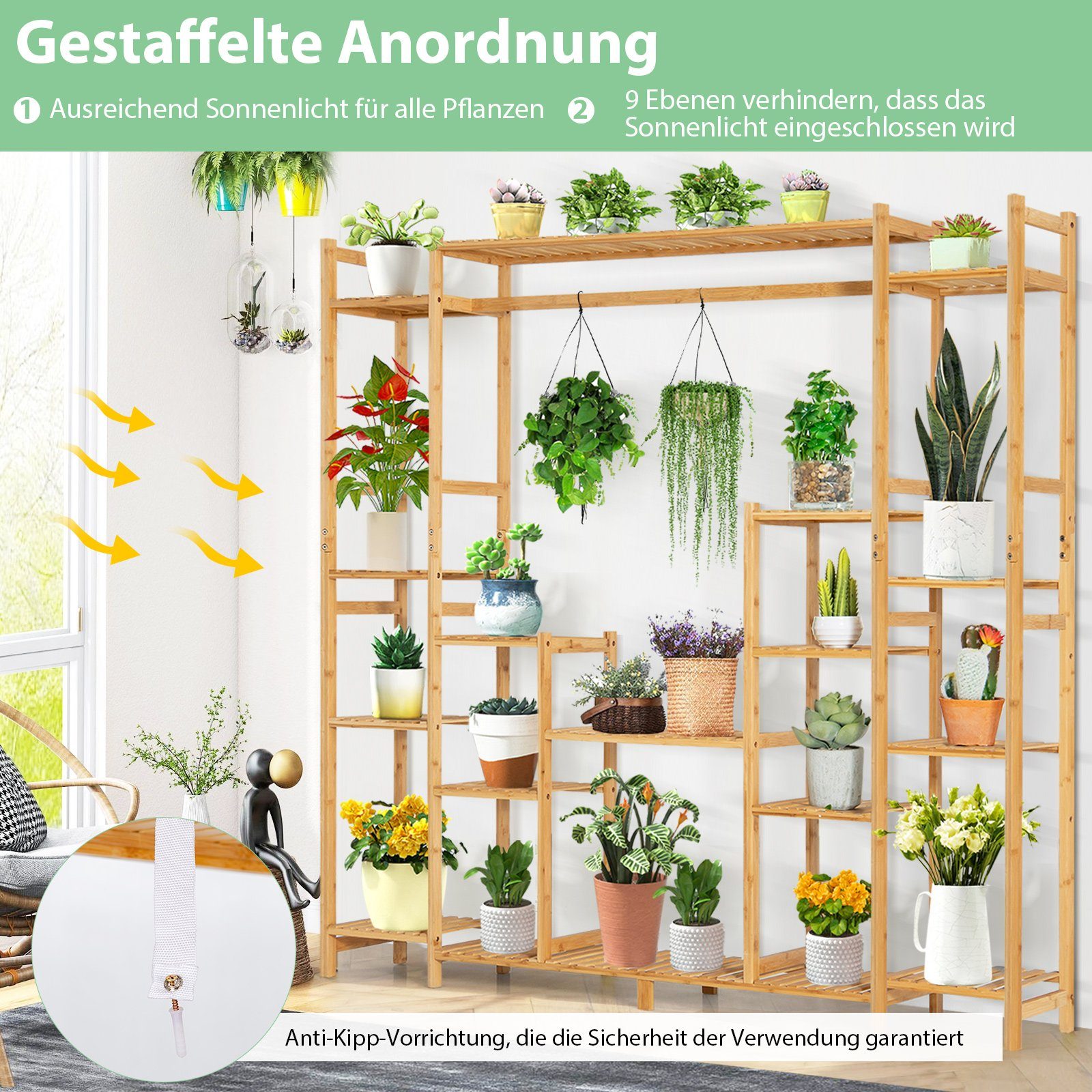 COSTWAY Pflanzentreppe, mit 9 Ebenen & Hängegestell, aus Bambus 167x30x166cm