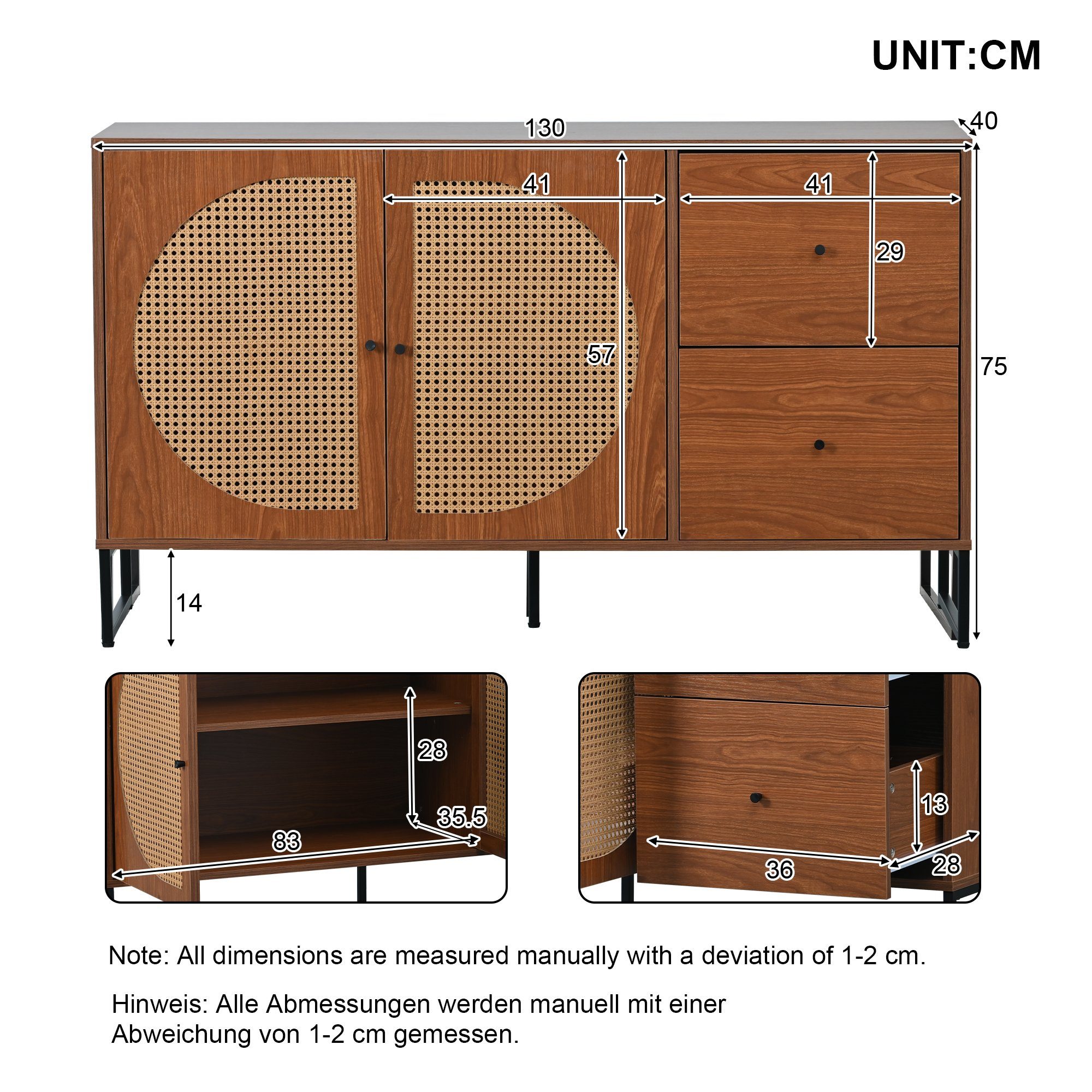 REDOM Sideboard Kommode Mehrzweckschrank (mit 2 Rattan verzierten Türen und 2 Schubladen Kommode Küchenschrank), Highboard mit Metallgriffe