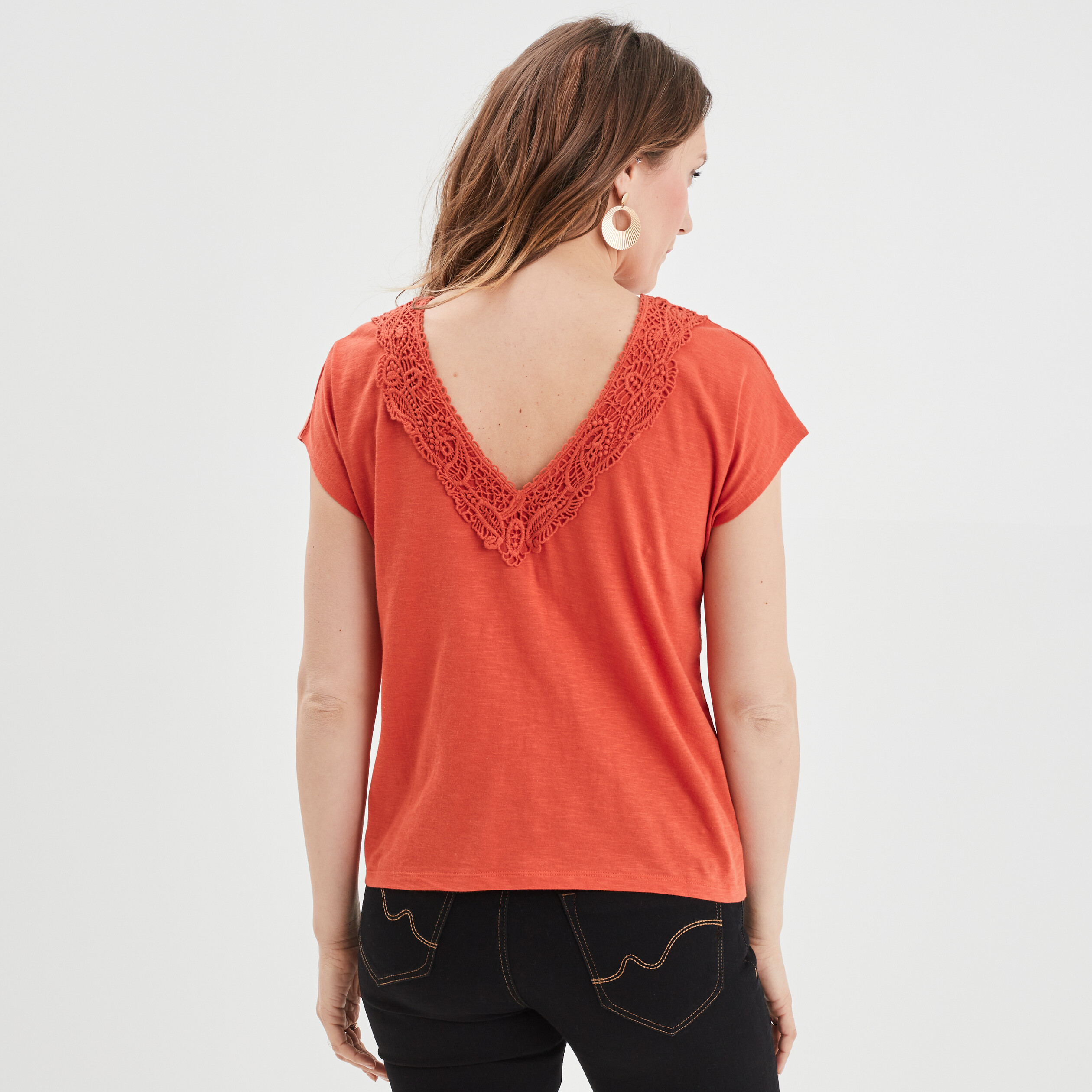 T-shirt col V macramé manches courtes orange foncé femme | La Halle