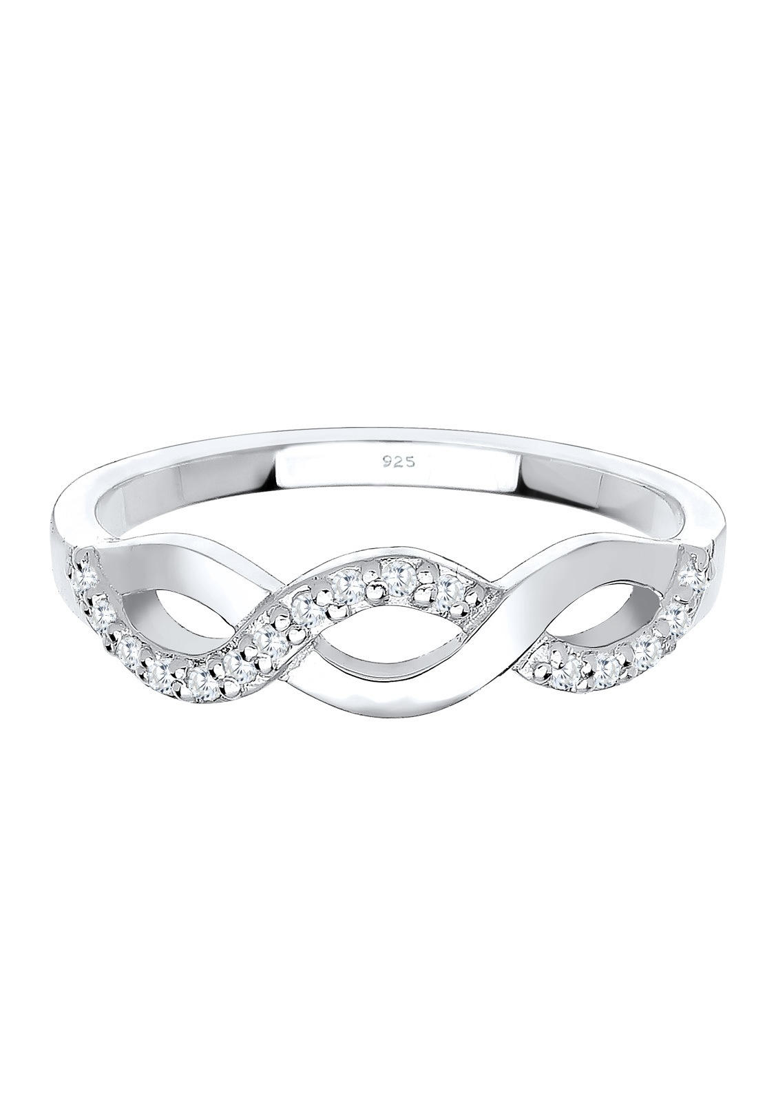 Anillo Elli para mujer con nudo de onda infinita y piedras de circonita cúbica en plata de ley 925.