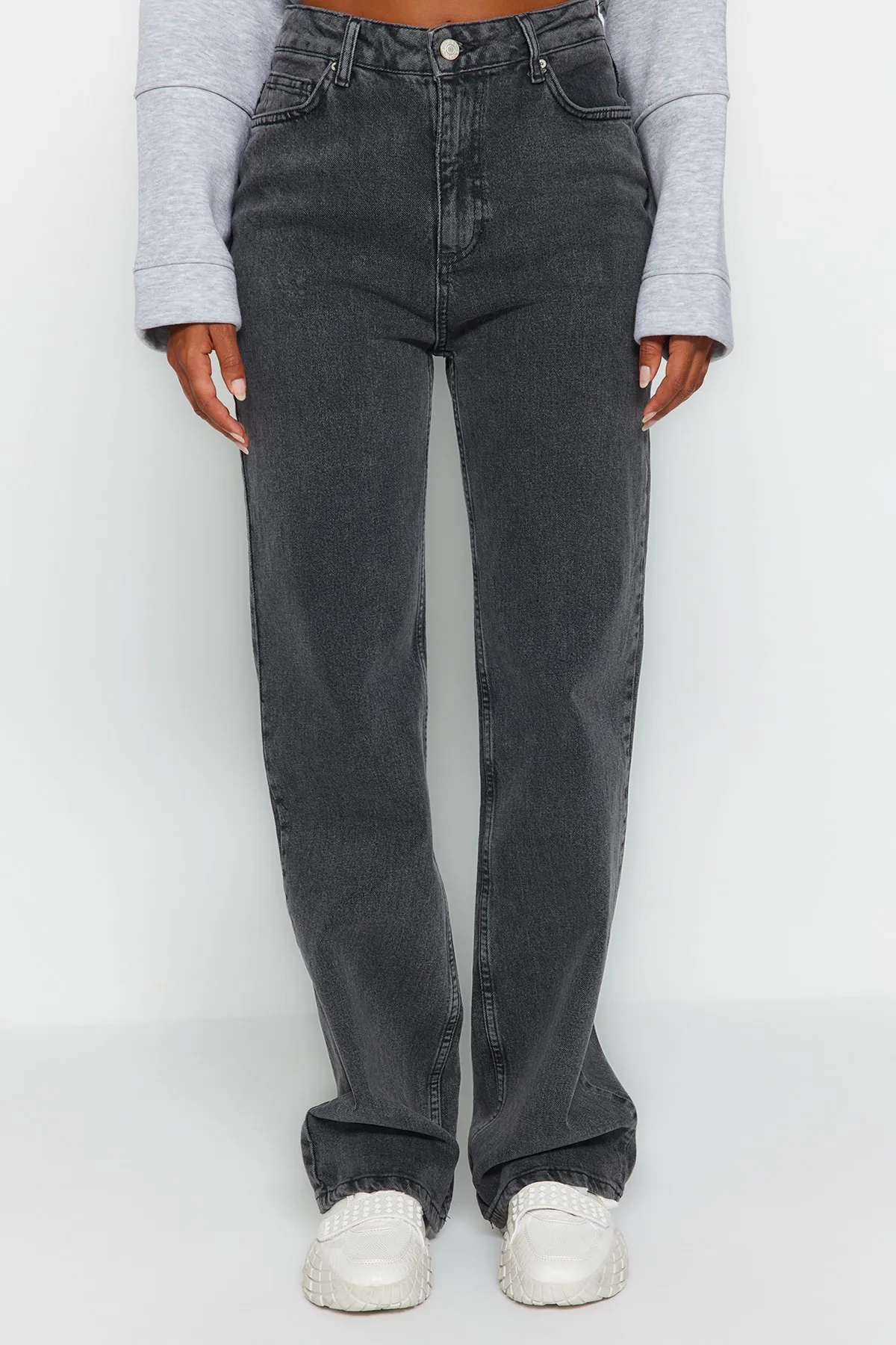 Trendyol Collection  Graue bequeme Jeans mit hoher Taille und weitem Bein TWOAW24JE00069