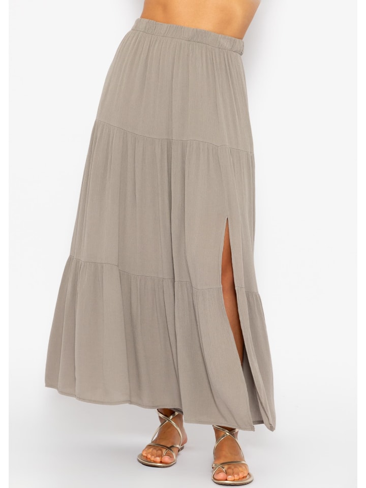 SASSYCLASSY Maxi Volantsrock in Crinkle-Optik in Taupe günstig kaufen