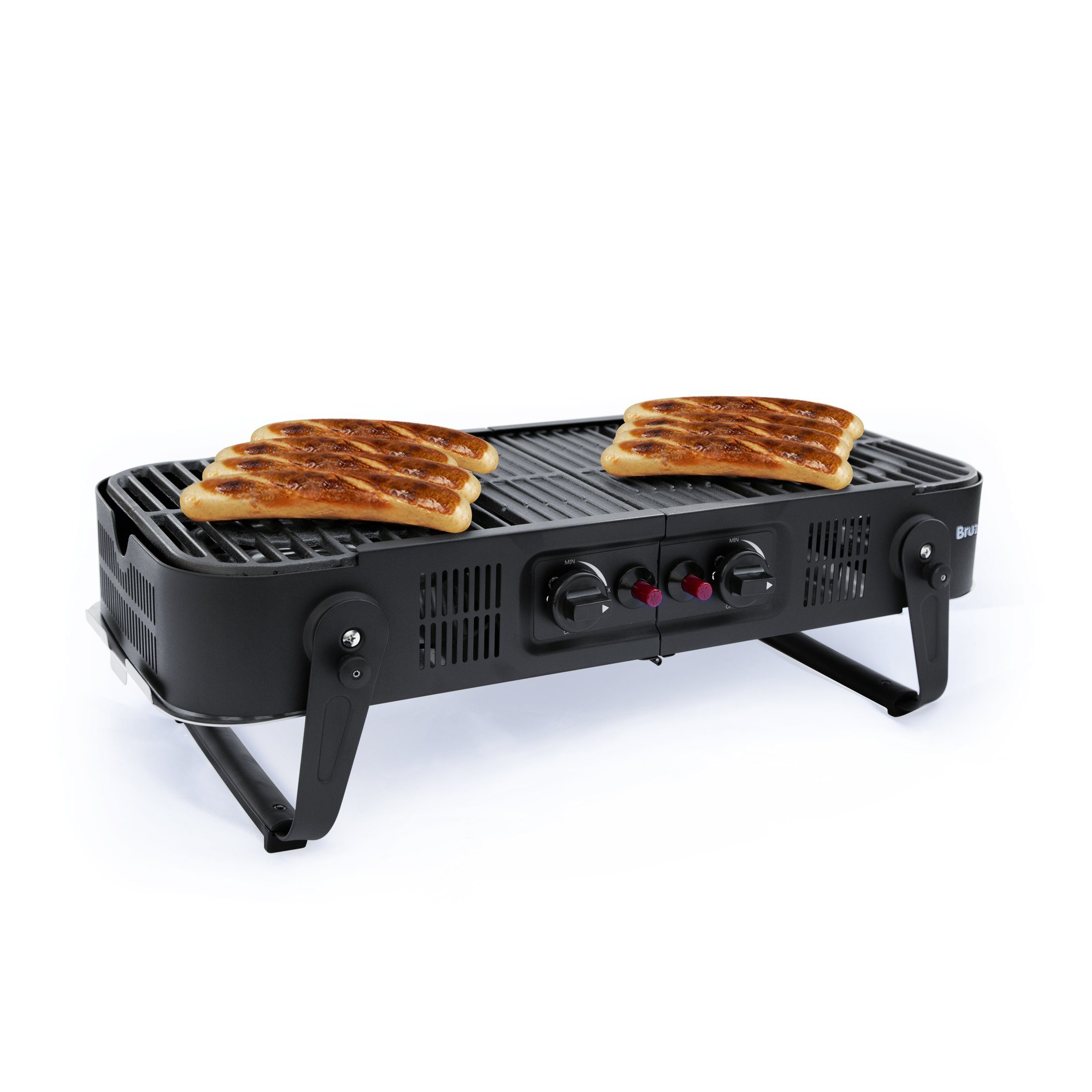Bruzzzler Camping-Gasgrill Gasgrill zum Klappen, 2-flammiger Gasgrill mit 3,3 kW,zusammenklappbar, Pack, inklusive Tragetasche,für Picknick,Balkon und mehr