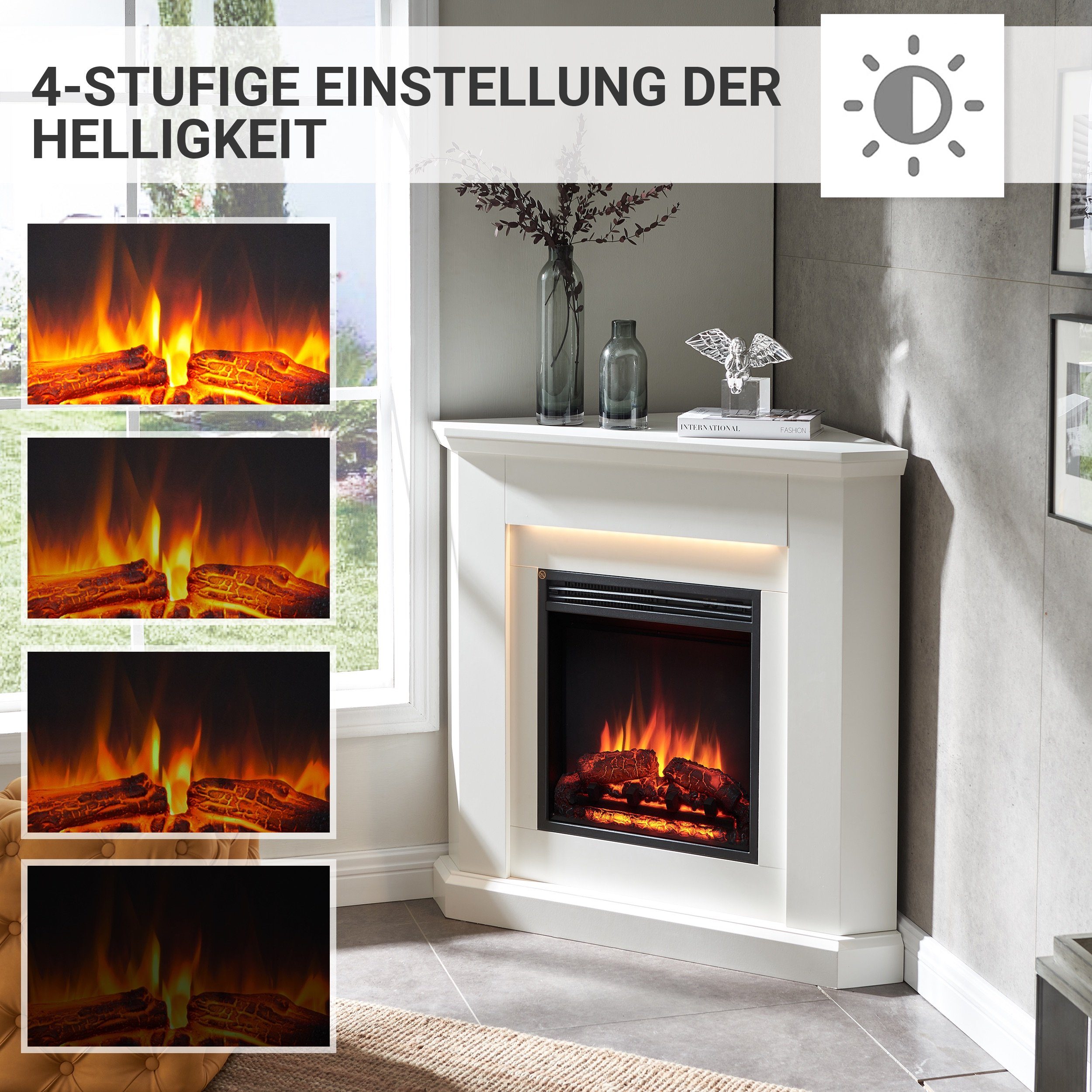 CrownFlame Elektrokamin Pegasos, Eckkamin mit Heizung 2000W, Heizung, LED-Beleuchtung, 3D-Flammeneffekt & Fernbedienung