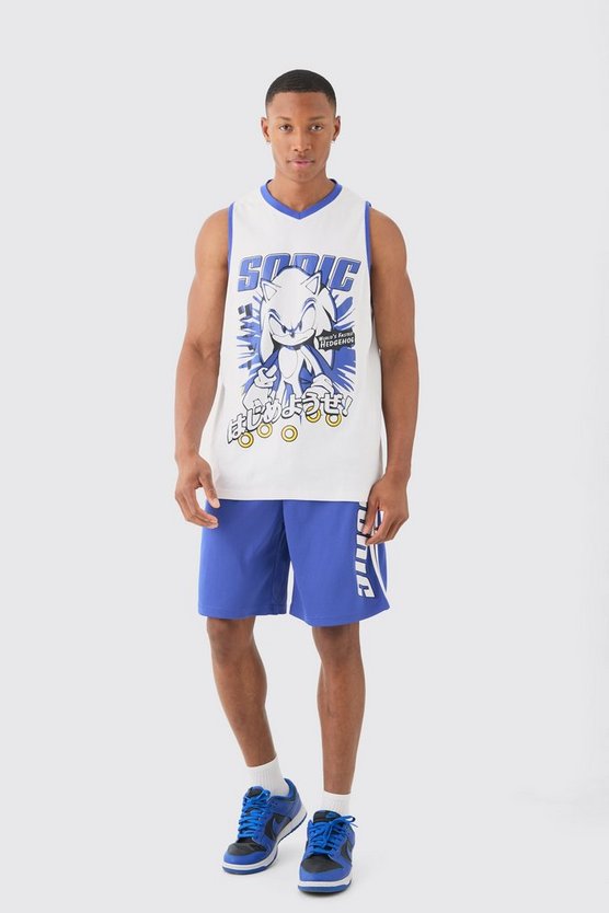 Oversize Mesh-Tanktop und Shorts mit lizenziertem Sonic The Hedgehog Print