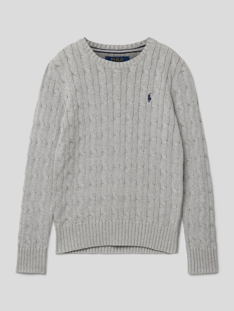 Strickpullover mit Zopfmuster in hellgrau