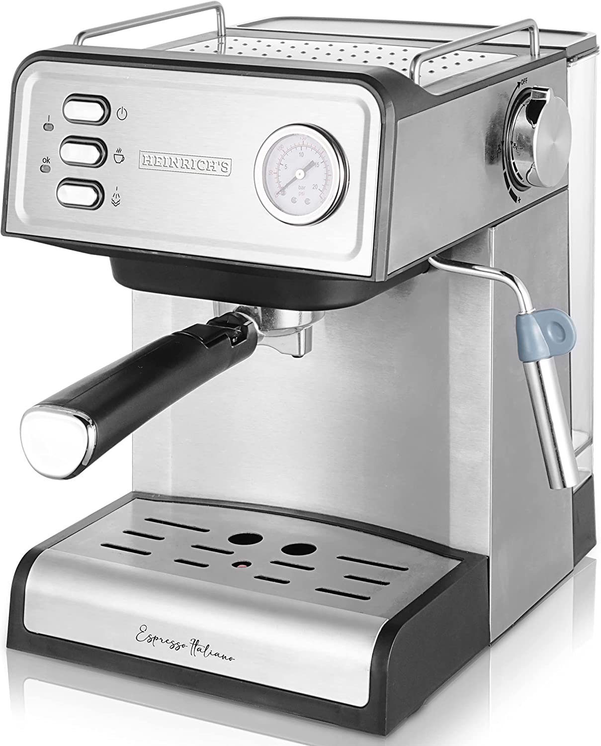 Heinrich´s Espressomaschine HES 8688, Edelstahlfilter, 20Bar Ulka Pumpe, Milchaufschäumer mit Barista Zubehör 1,6L