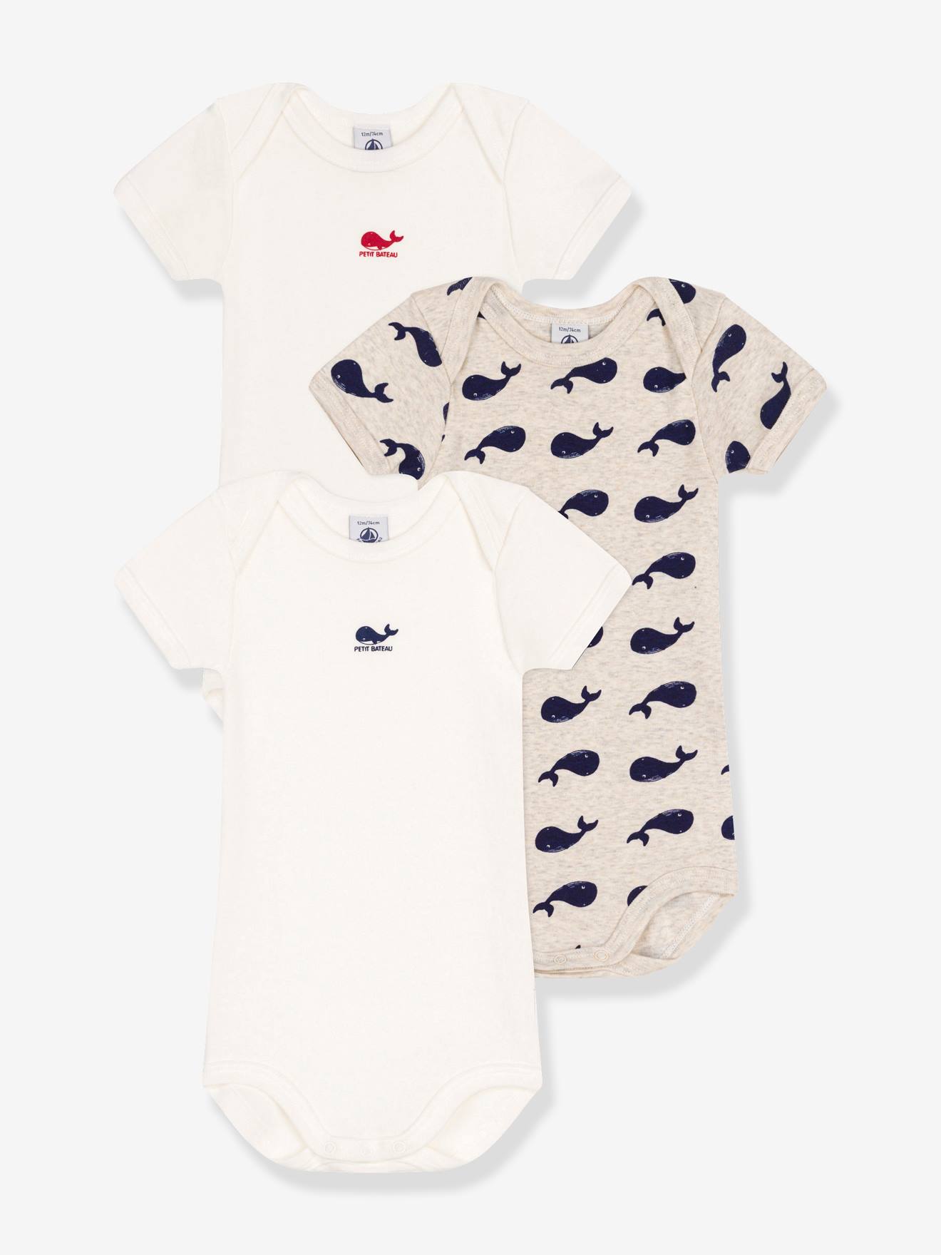 Petit Bateau 3er-Pack Baby Kurzarm-Bodys mit Walen PETIT BATEAU, Bio-Baumwolle - weiß