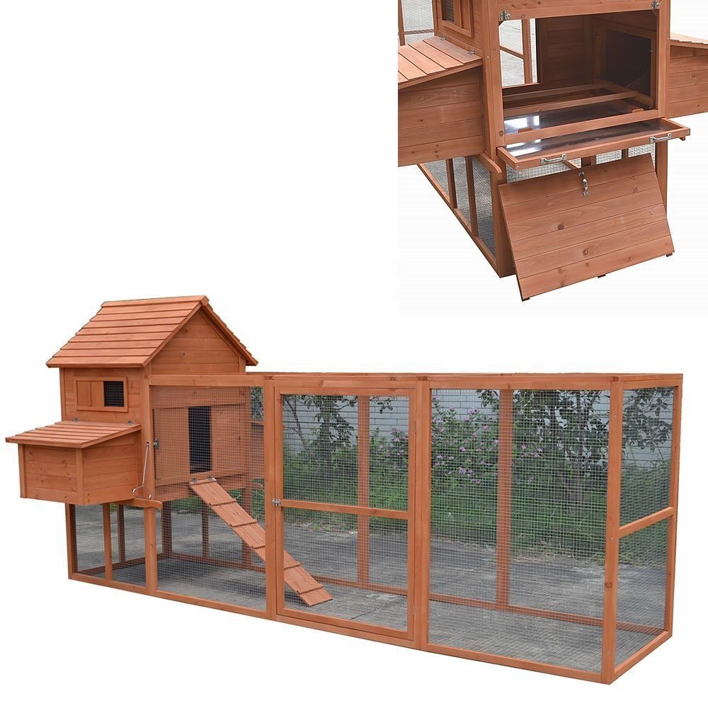 Melko Hühnerstall Geflügelstall Hasenstall Kaninchenkäfig Hühnerhaus XXL aus Holz in Braun mit Gitter, Türen, Freilauf und Überdachung für Hühner & Kleintiere, Freilauf