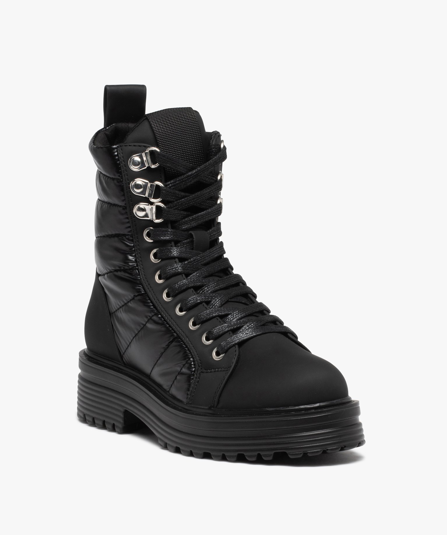 Bottines femme à lacets dessus textile matelassé noir | GEMO