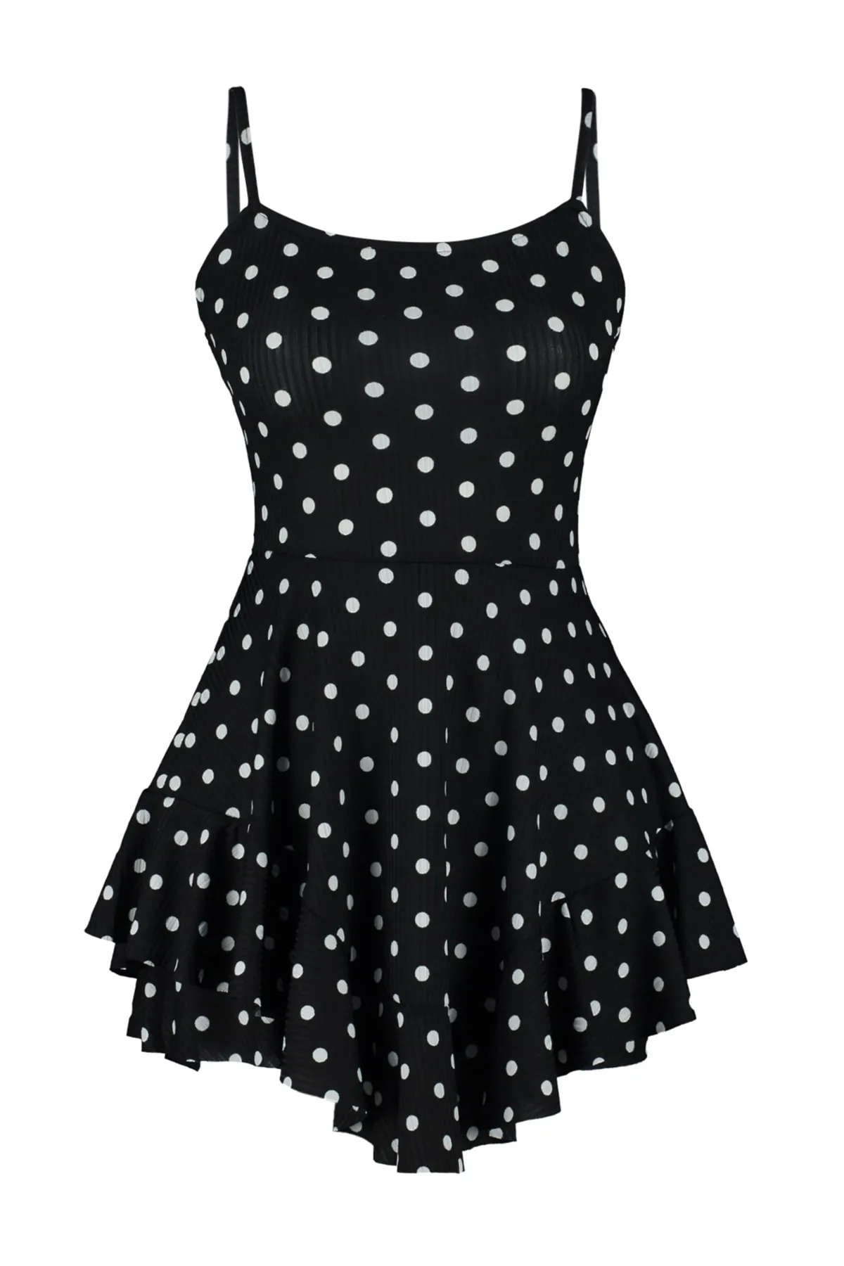 Trendyol Collection  Weißer Mini-Strick-Jumpsuit mit gepunktetem Riemchenvolant und Shorts TWOSS23TU00044