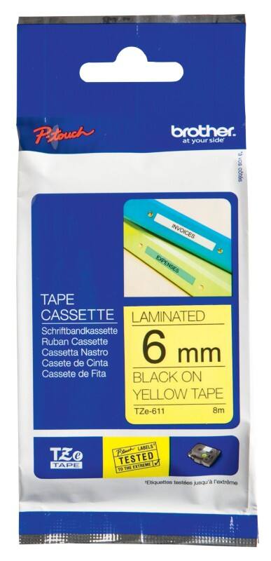 Brother TZe-611 Authentic Schriftband Selbstklebend Schwarzer Druck auf Gelb 6 mm x 8m