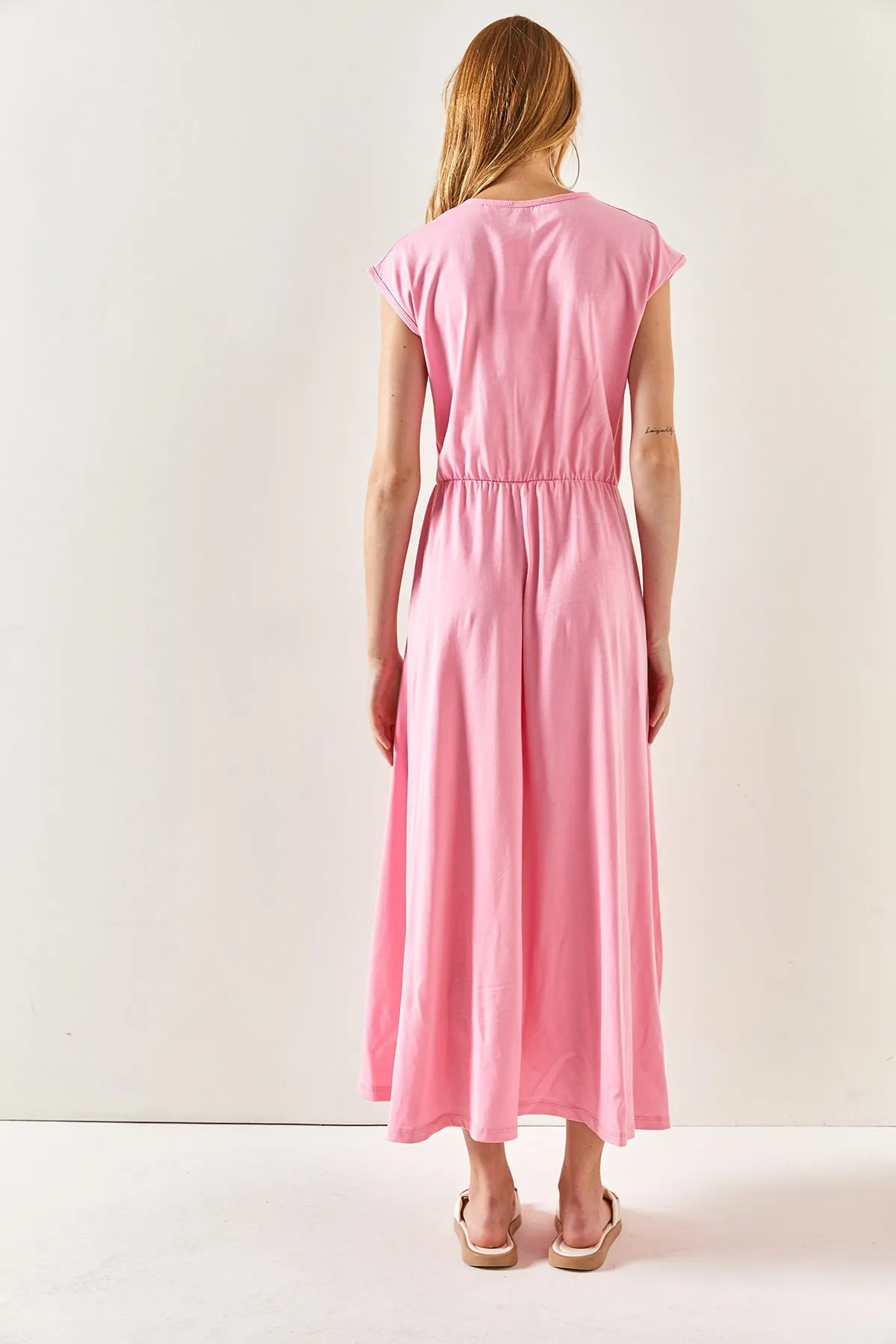 Olalook  Rosa Fledermaus-Baumwollkleid für Damen mit elastischem Bund ELB-19001509