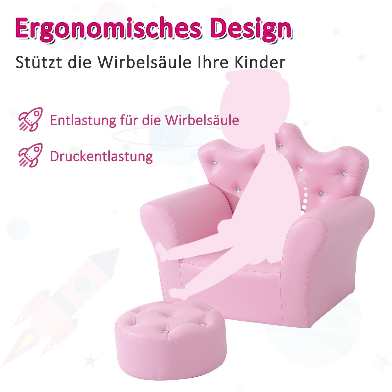HOMCOM Kindersofa mit Ottomane Kindercouch in Kronenform Kindersessel Rosa