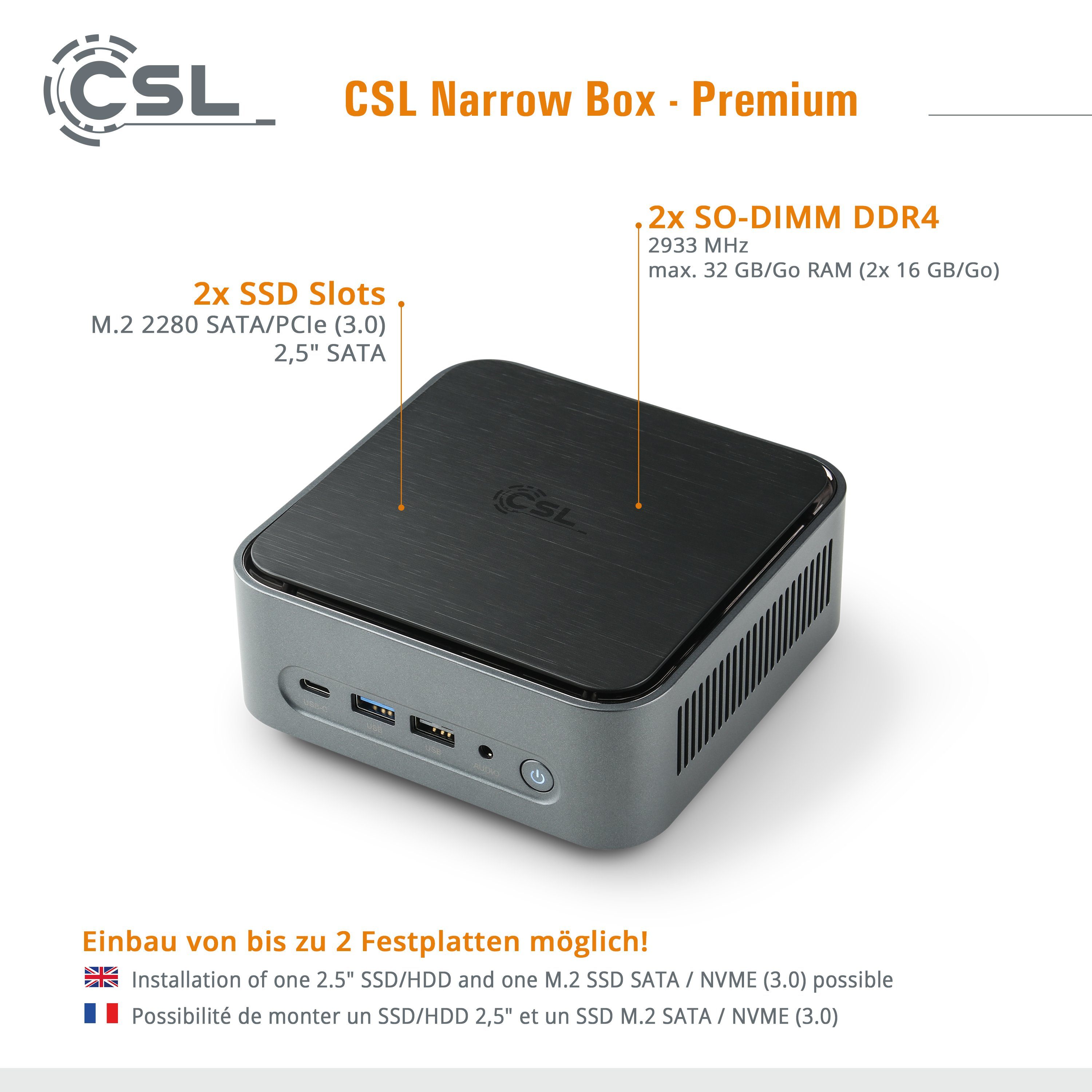 CSL Narrow Box Premium / 32GB / 500 GB M.2 SSD / Win 11 Pro PC (Intel® N6000, Intel® UHD Graphics, 8 GB RAM, 500 GB SSD, passiver CPU-Kühler)
