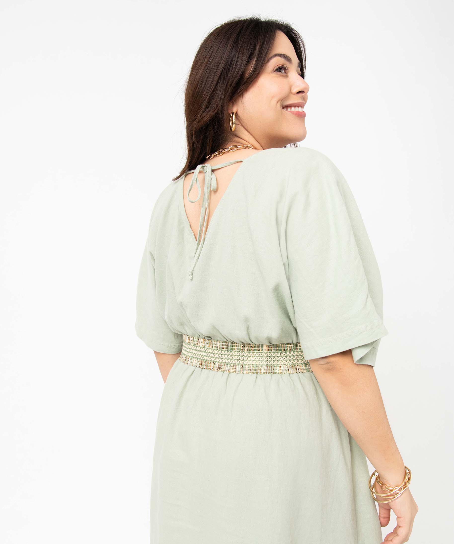 Robe femme grande taille en lin mélangé à col cache-cur beige | GEMO