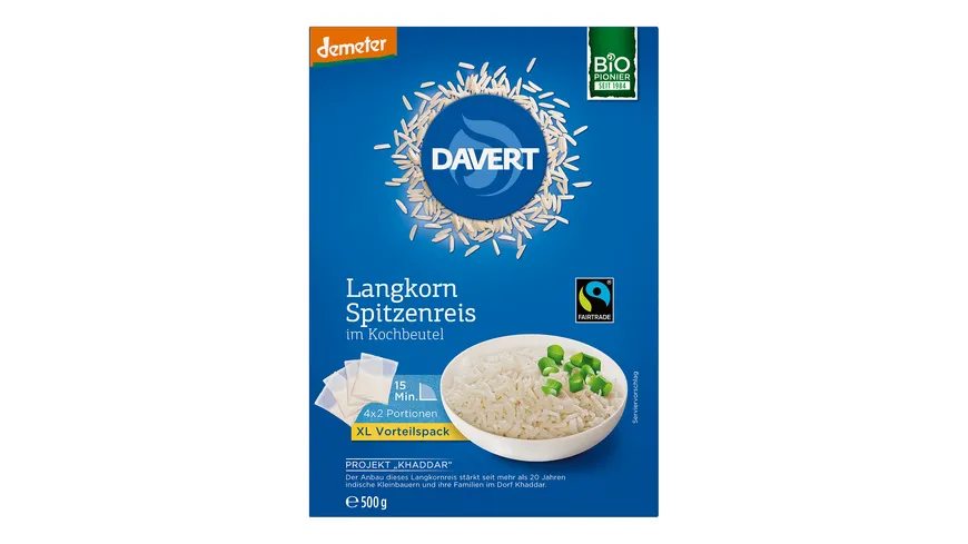 Davert demeter Langkorn Spitzenreis im Kochbeutel Fairtrade 500 g