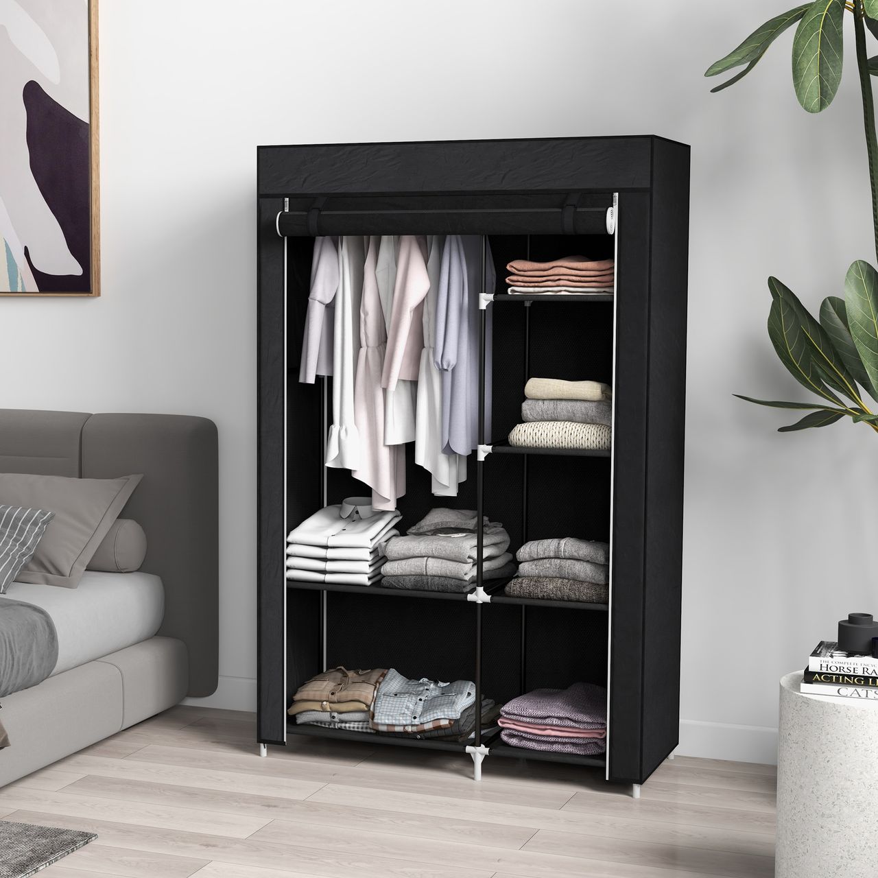 HOMCOM Kleiderschrank Stoffschrank mit 2 Kleiderstangen, 6 Fächern, Schwarz