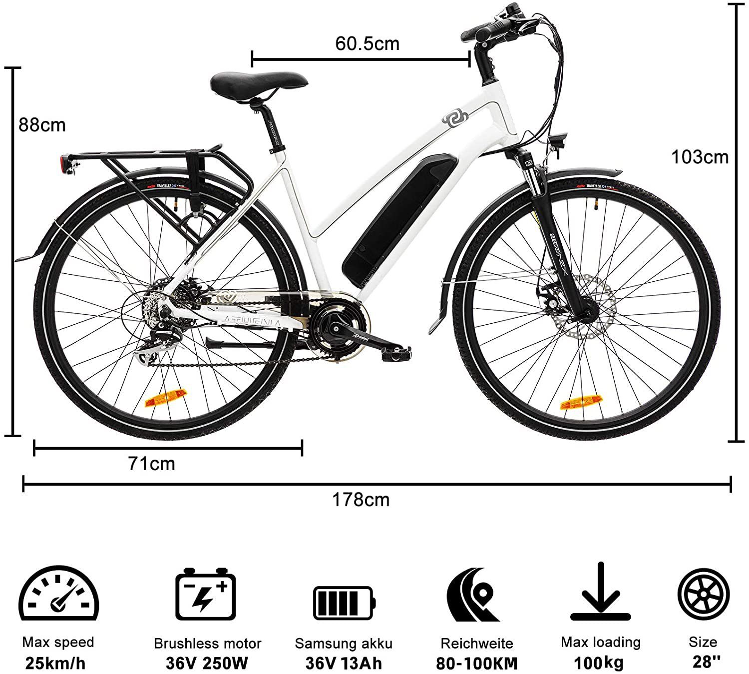 VECOCRAFT E-Bike Athena 28 Zoll weiss, 8 Gang Shimano, Kettenschaltung, Heckmotor