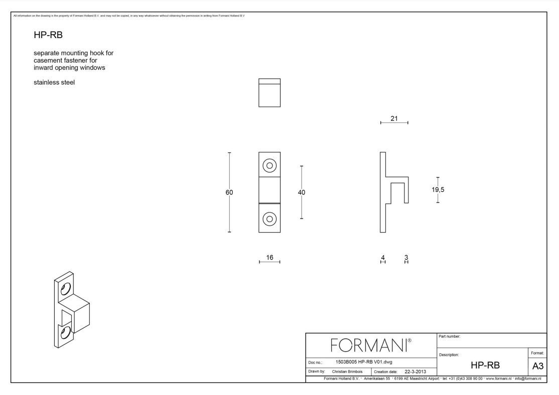 Formani 1503B005INXX0 BASICS HP-RB losse haak tbv raamboompje voor naar binnendraaiend raam mat roestvast staal