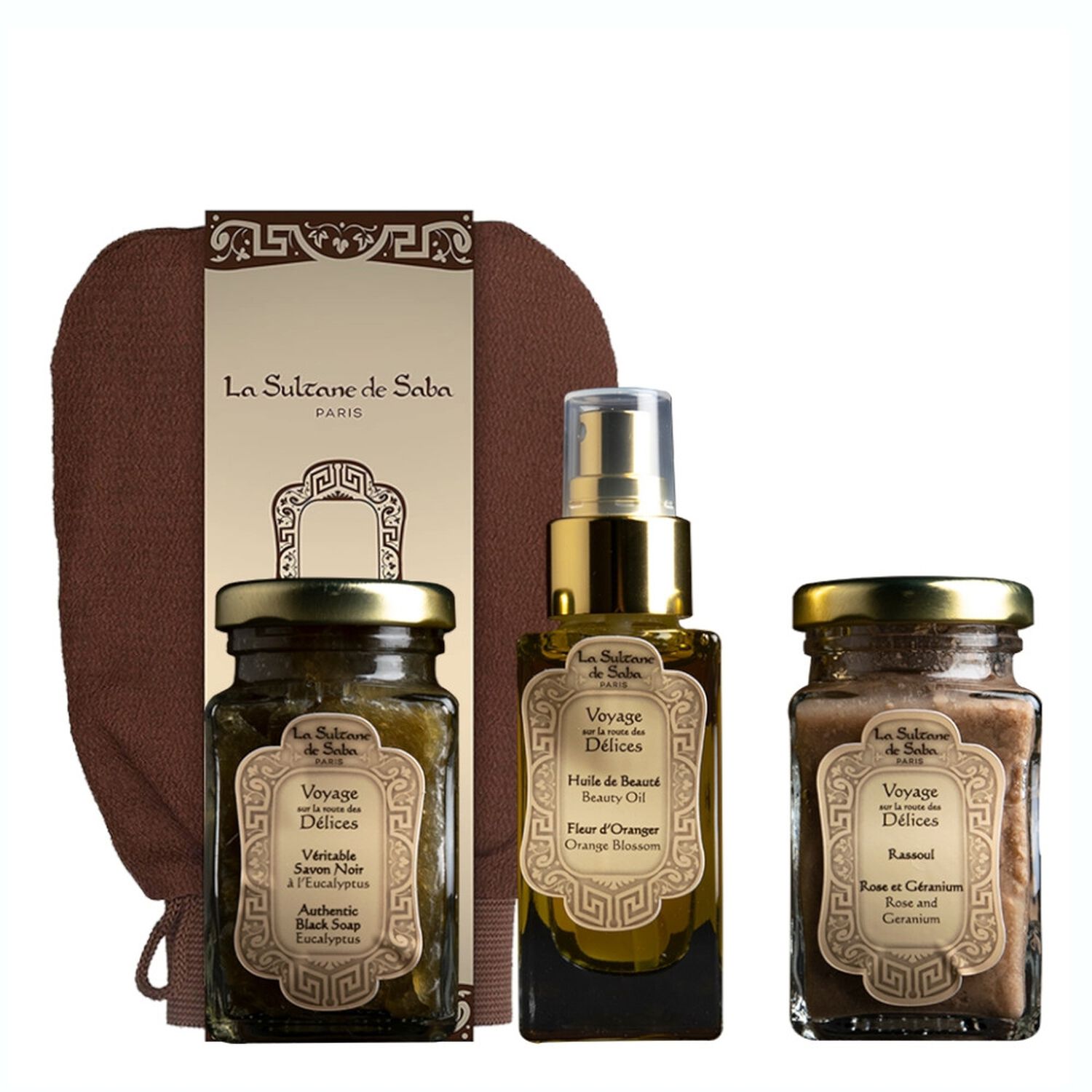 La Sultane de Saba Voyage Sur La Route Des Délices - Rituels du Hammam Coffret Gant de Kessa + 3 Produits