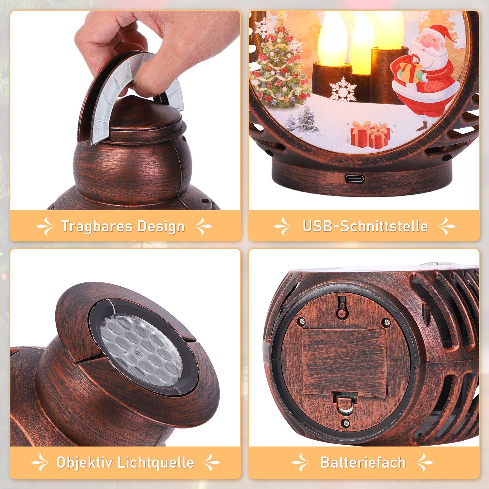 Rosnek LED Laterne Schneekugel Laterne, USB/Batterie, Projektor Licht für Weihnachten, Plastik