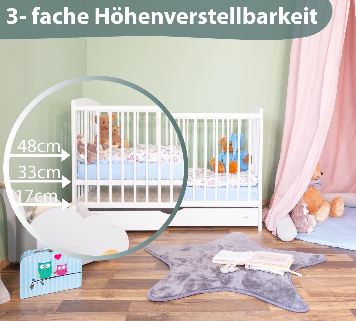 Alcube Babybett Emmi I Entdecken Sie unser Babybett - perfekt für Ihr Baby! BESTSELLER, 60x120 cm aus Kiefernholz inkl. Lattenrost und Rausfallschutz