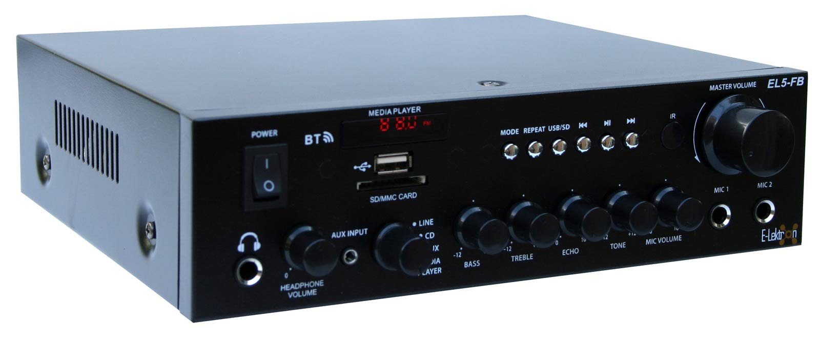 E-Lektron EL5-FB Audioverstärker (Anzahl Kanäle: 2, 35,00 W, FM-Radio, Bluetooth-Empfänger, USB/SD Media-Player, Fernbedienung, Kopfhörerbuchse, Karaoke-Funktion)