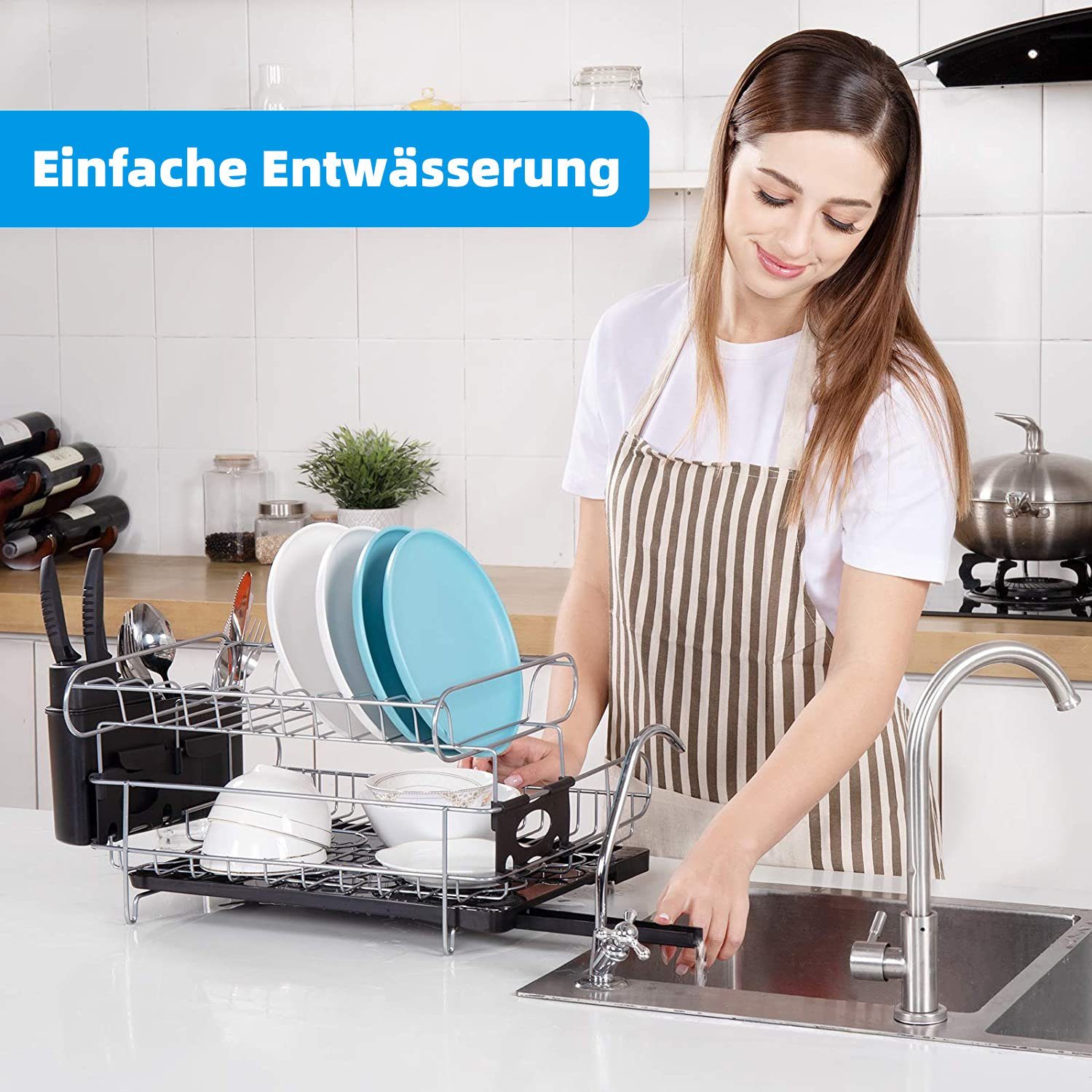 Daynee Geschirrständer Abtropfgestell,2 Ebenen Geschirrkorb Edelstahl, Zubehör für mit Utensilienmesserhalter und Schneidebretthalter, Abtropfmatte aus Mikrofaser, Abtropfgestell für die Küche