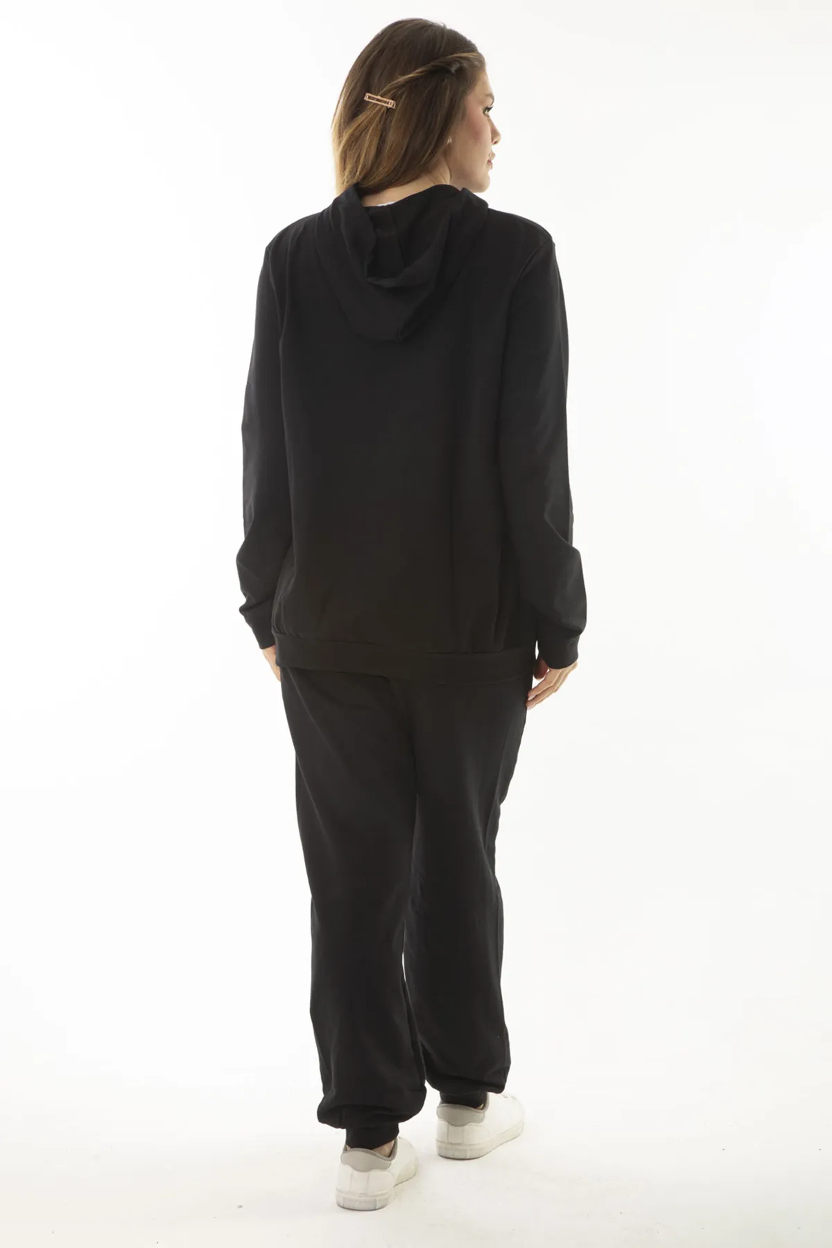Şans  Schwarzer Damenanzug mit Kängurutasche und Kapuzen-Sweatshirt in großer Größe, geknöpft, Anzug 65N37053
