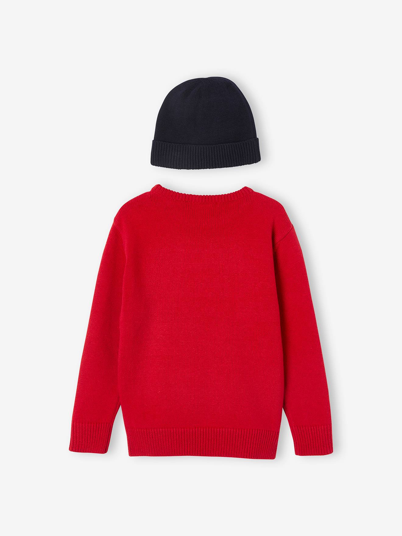 Coffret noël pull ludique et bonnet garçon rouge