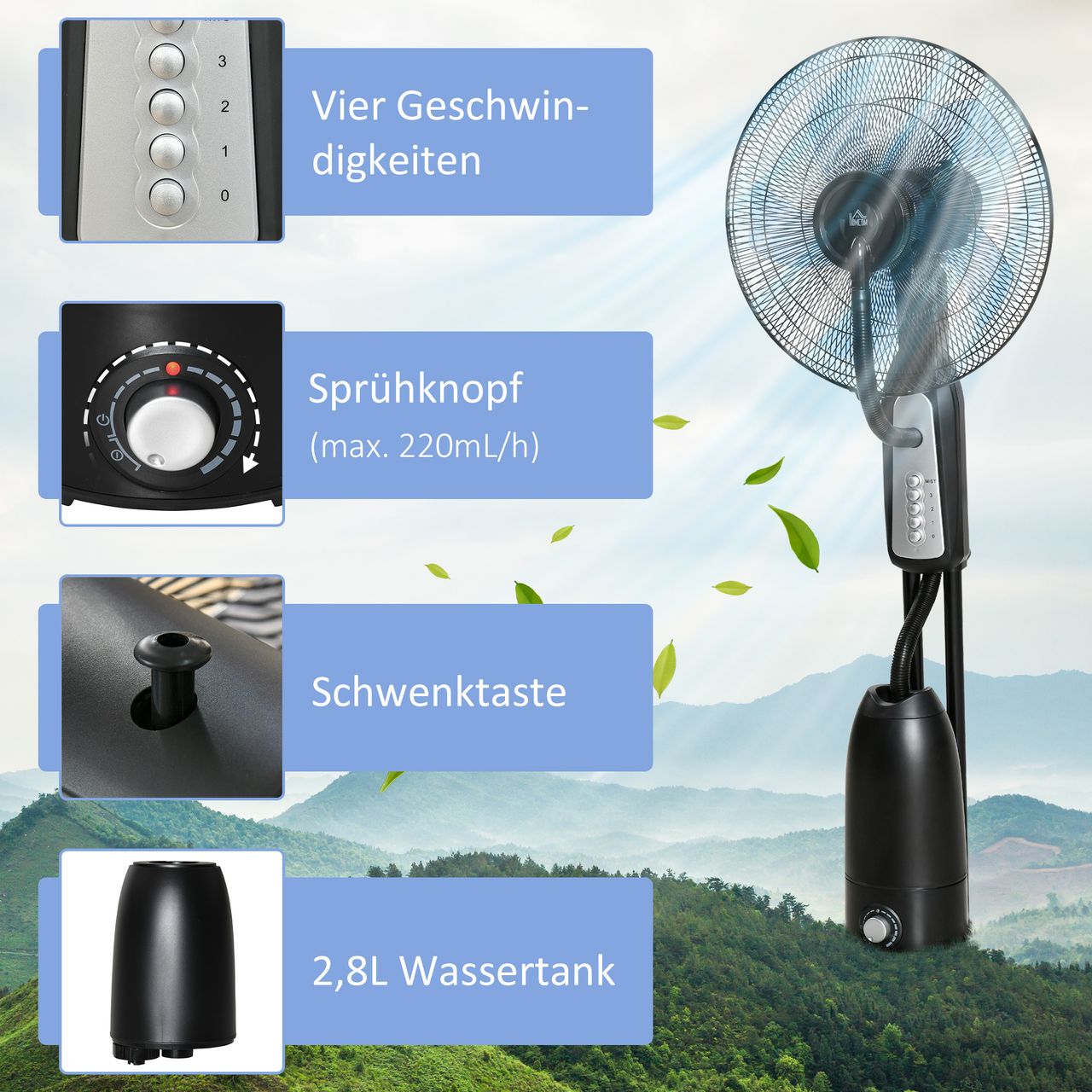 HOMCOM Standventilator mit 2,8 Liter Wasserzerstäuber Ventilator Nebelfunktion